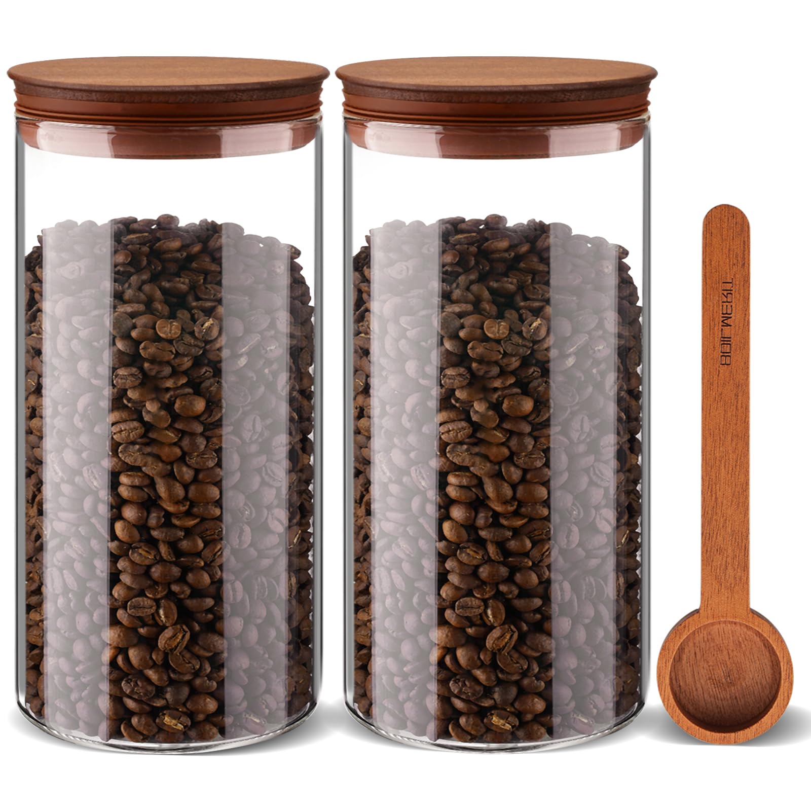 Set di 2 barattoli da caffè in vetro ermetico da 1500 ml con paletta e coperchi in legno, per caffè macinato, chicchi di caffè, contenitori con coperchio, per cucina, zucchero marrone, bar