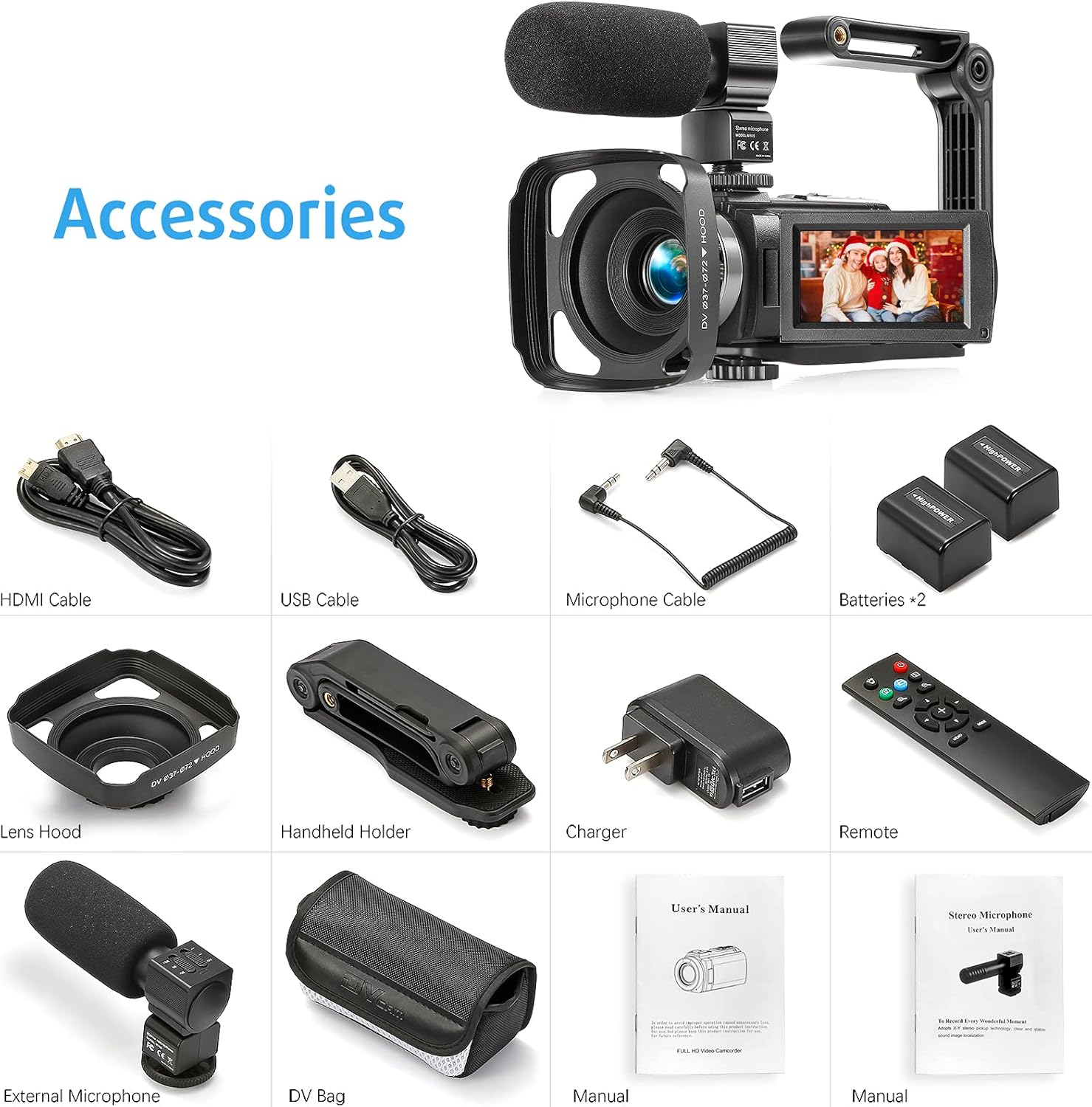 YEEHAO Camcorder 1080P Video Camera 36MP 3.0 Inch IPS Touch Screen IR Night Vision 16X Digital Zoom Camcorder with External Microphone Handheld Stabilizer Remote Control