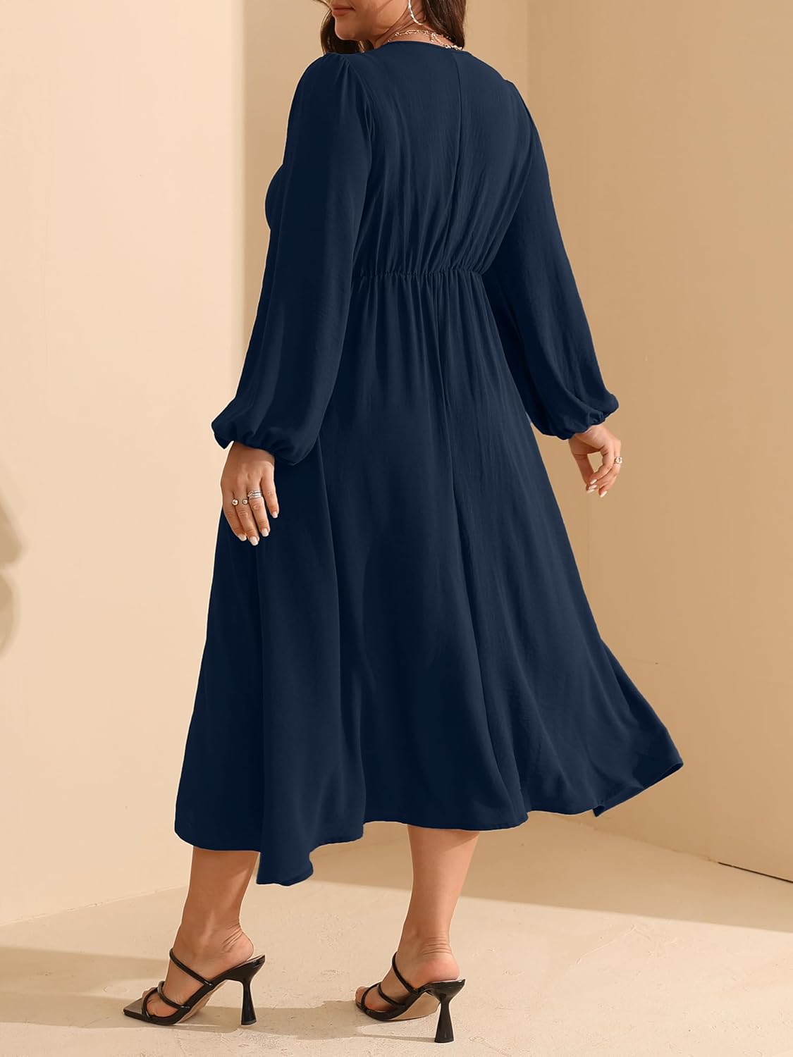 RWJ Fall Wedding Guest Dresses for Women Plus Size V Neck Long Sleeve Tie Front Cocktail Maxi Dress with Pockets - Image 2