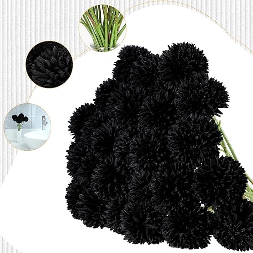 Miniatura 2 de Xunyee 30 piezas de flores negras artificiales de Halloween con tallos de 2.76 pulgadas, flores negras grandes de imitación de seda sintética, bola