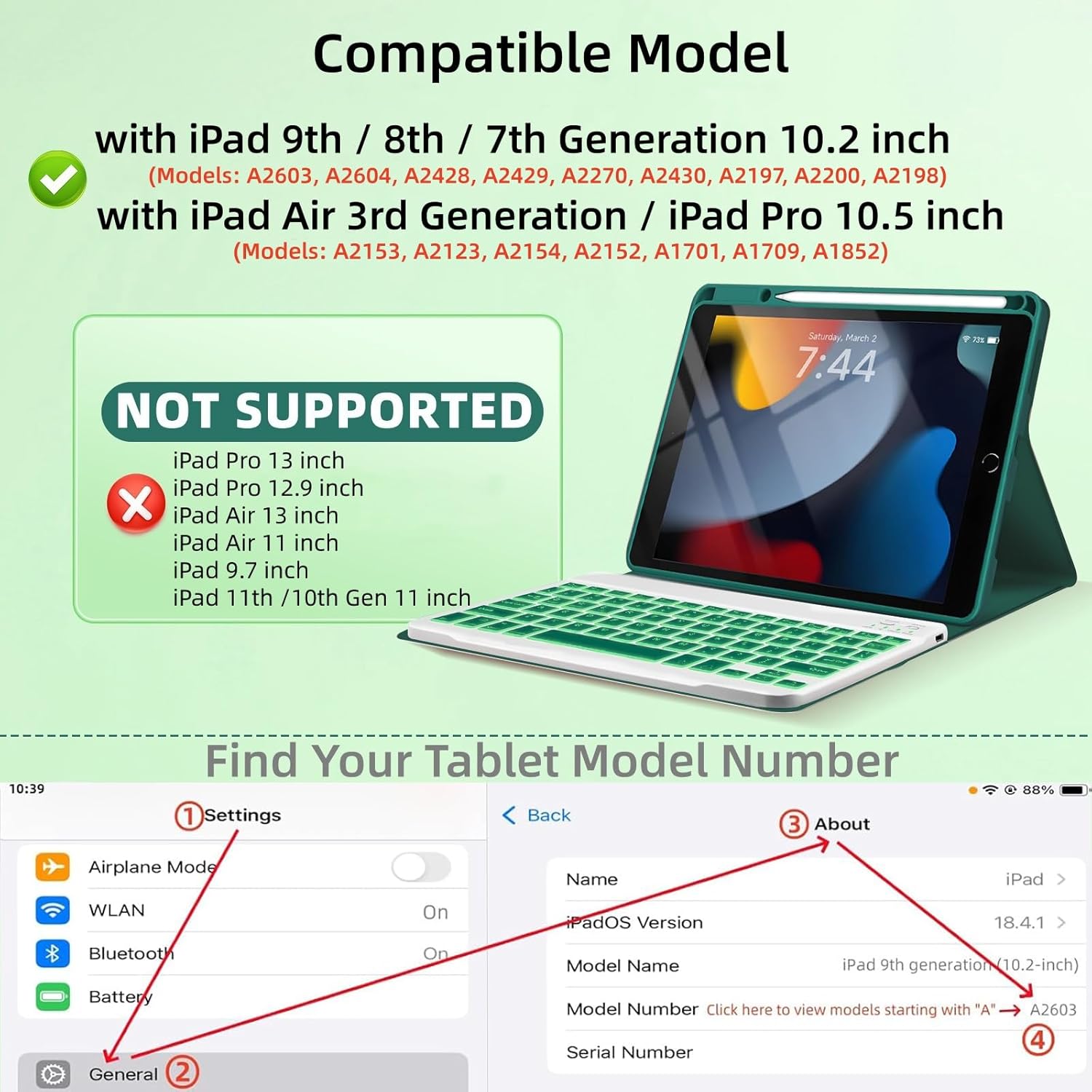 Keyboard Case for iPad 9th / 8th / 7th Gen 10.2 inch/Air 3rd / Pro 10.5 inch - 7 Colors Backlit Keyboard Cover and Mouse (Dark Green)