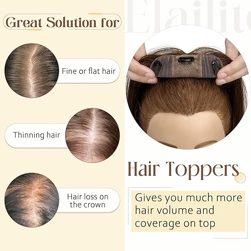 Miniatura 4 de Elailite V3.0 Toppers de cabello humano real para mujeres con cabello delgado, pequeños clips en piezas de cabello, raya media para pérdida de