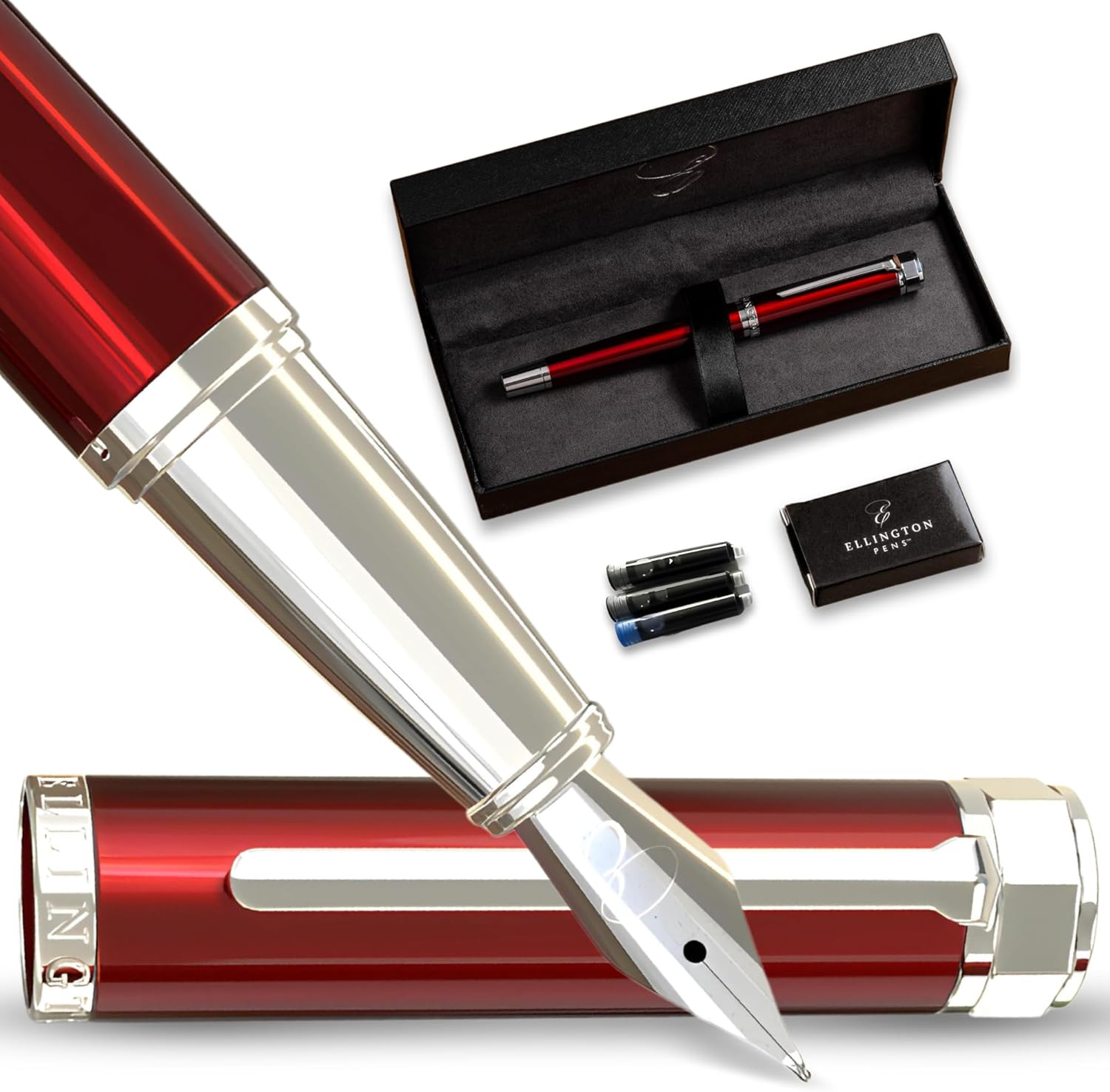 Ellington Pens Ensemble de stylos plume de luxe pour écrire, pointe lisse avec convertisseur d&rsquo;encre rechargeable, 3 cartouches d&rsquo;encre (2 noires et 1 bleue) dans un coffret cadeau