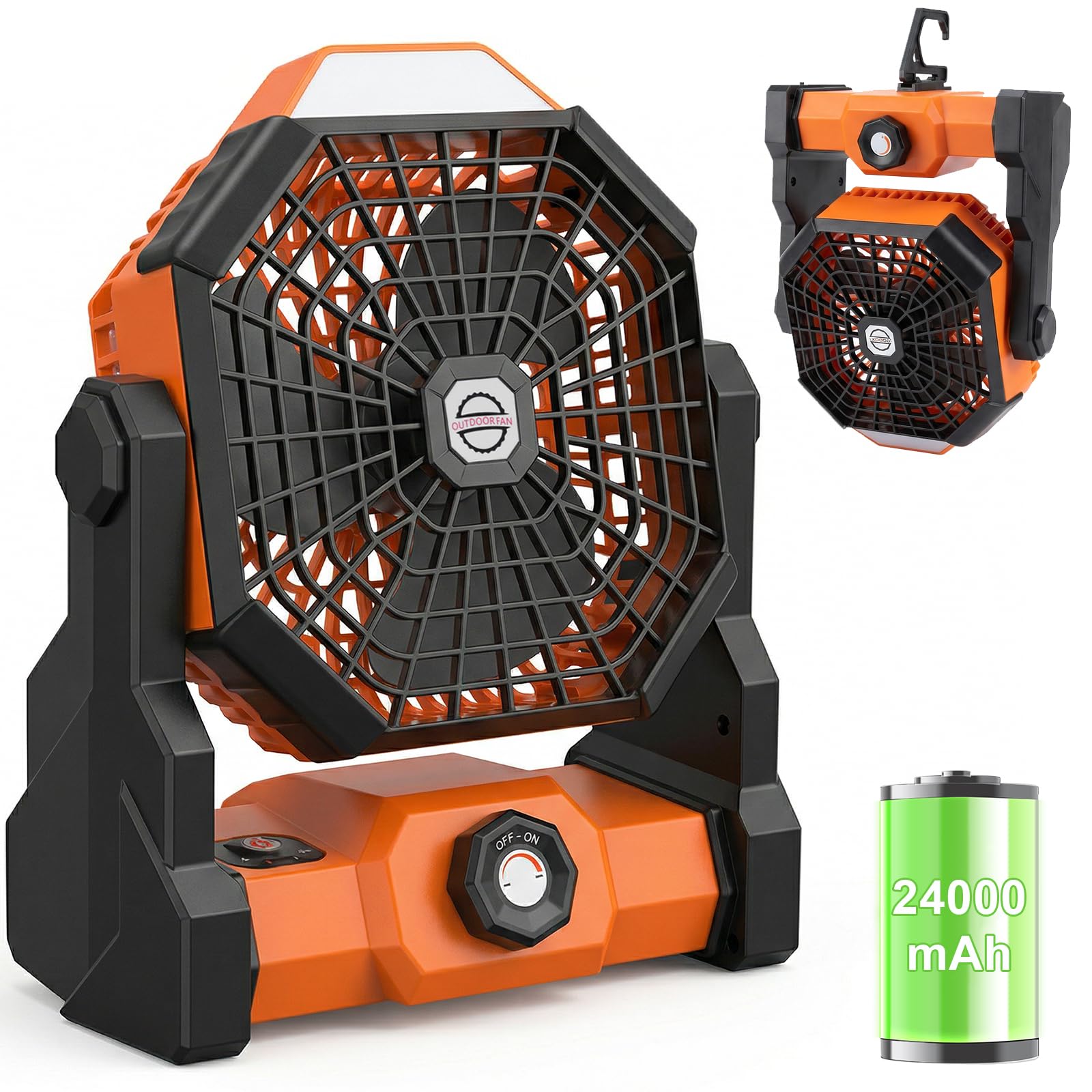 Qoosea Ventilador de Camping 3 en 1 Ventilador USB-C para Tienda de Campaña, 24000mAh Recargable Ventilador Portátil de Techo o de Sobremesa con Luz LED y Gancho para Exterior Pesca Coche Oficina BBQ