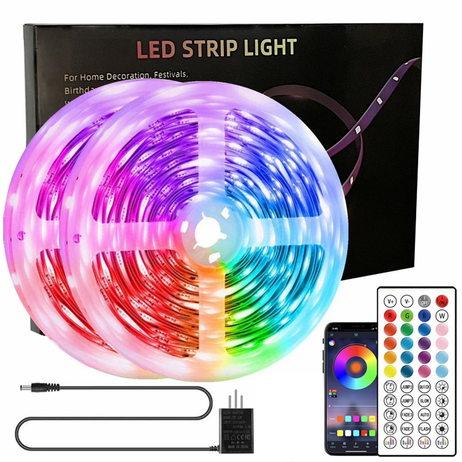 SH-RuiDu Color Changing Led Strip Lights 20m, 5050 RGB Music Sync LED Tape Lights Dimmable Stick on Led Mood Strip Light with Bluetooth App Remote Control for Bedroom, Movie Room, Party, Bar Decor