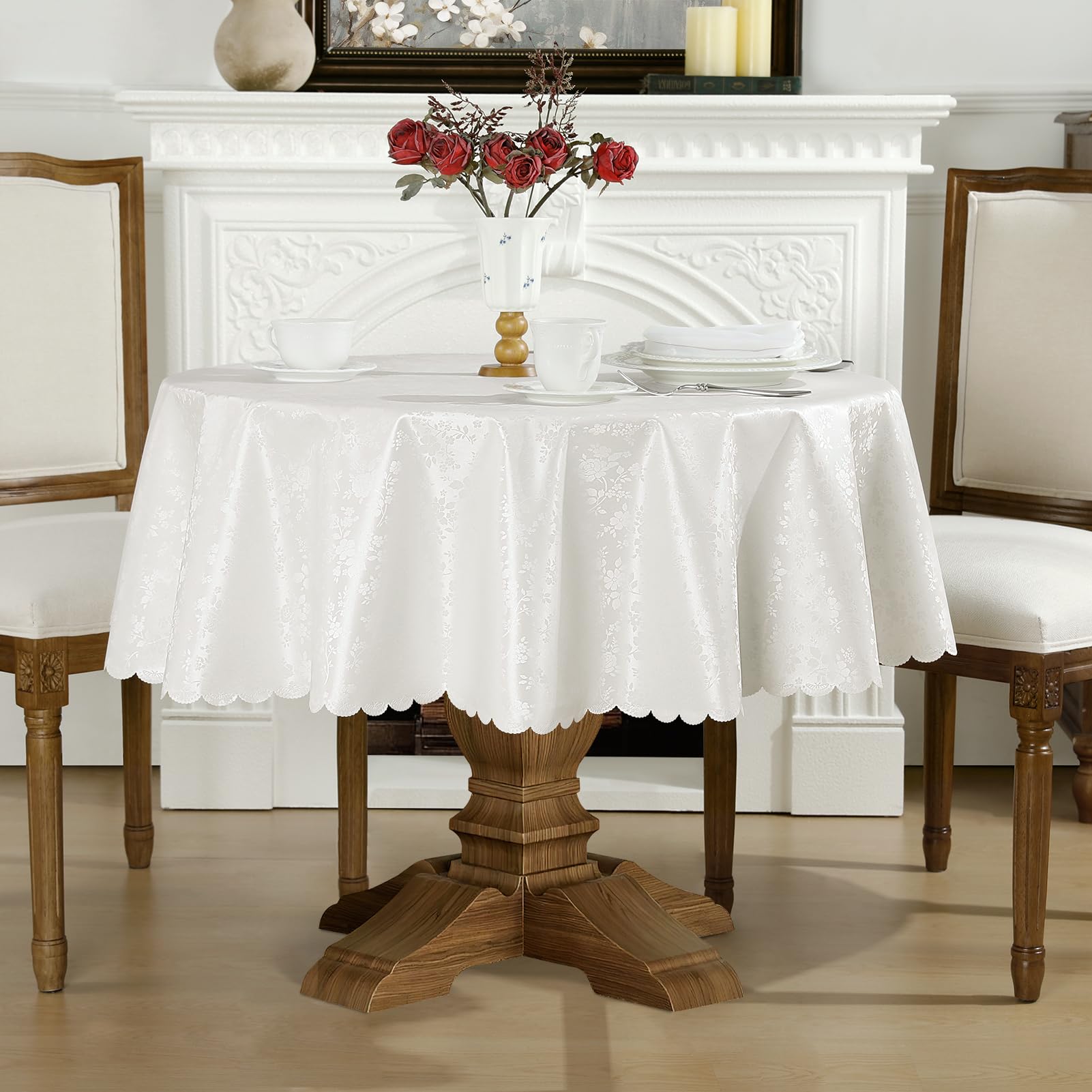 Romanstile mantel redondo grande de hule PVC blanco con flores, antimanchas, impermeable, resistente y fácil de limpiar, 160 cm, apto para mesa redonda grande de comedor, jardín, uso exterior y Pascua