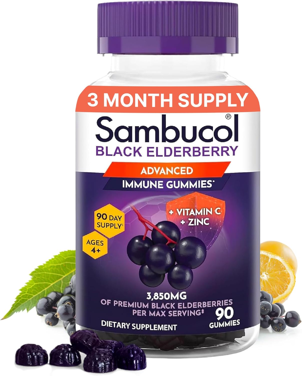 Sambucol Elderberry Gummies for Adults with Vitamin C; Zinc; Sambucus Elderberry Gummies for Immune Support with High Antioxidants; Gluten Free; Vegan; 1 Gummy Per Serving; 90 Count (90 Day Supply)