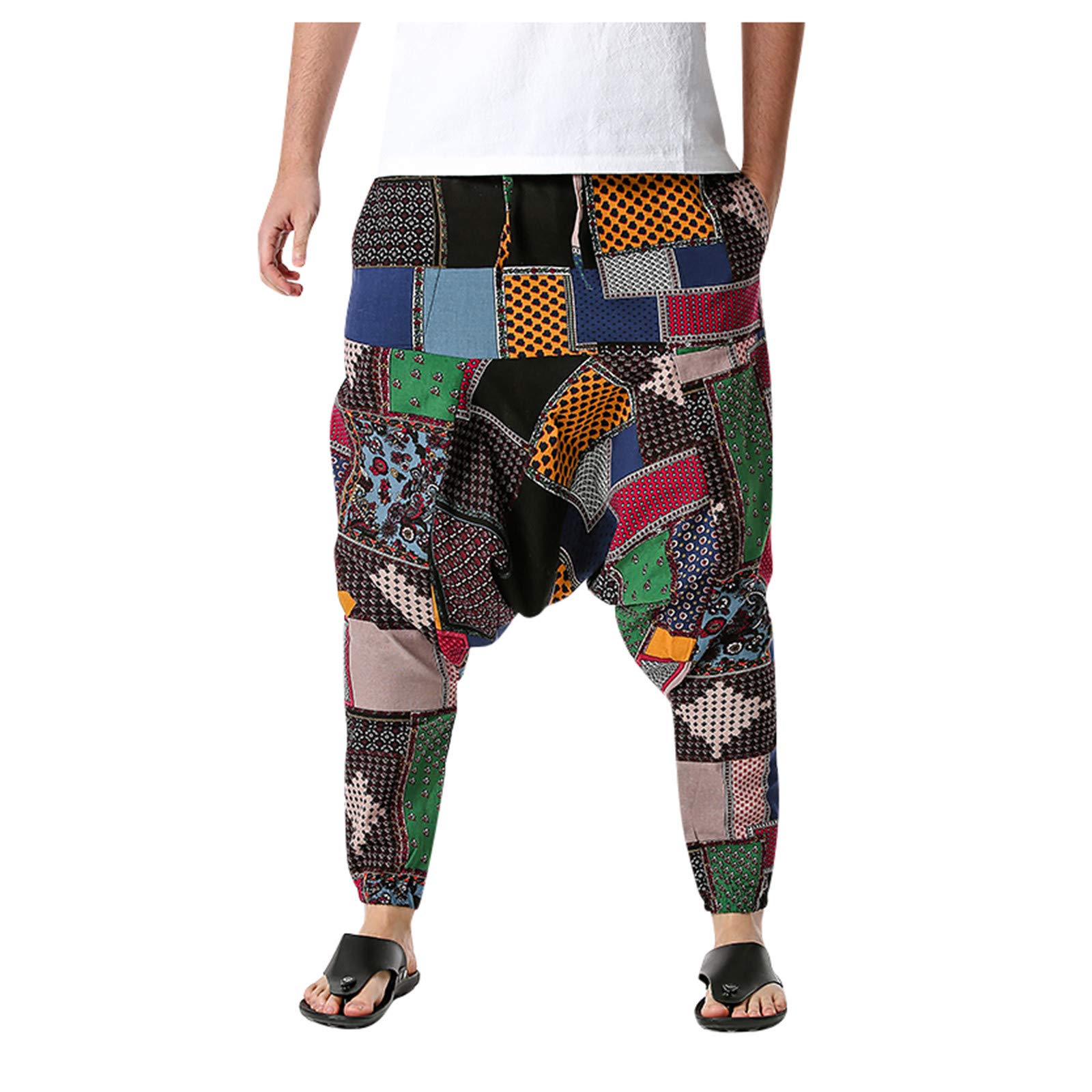 Artray Mens Loose Fit Patchwork Printed Cotton Linen Harem Pants