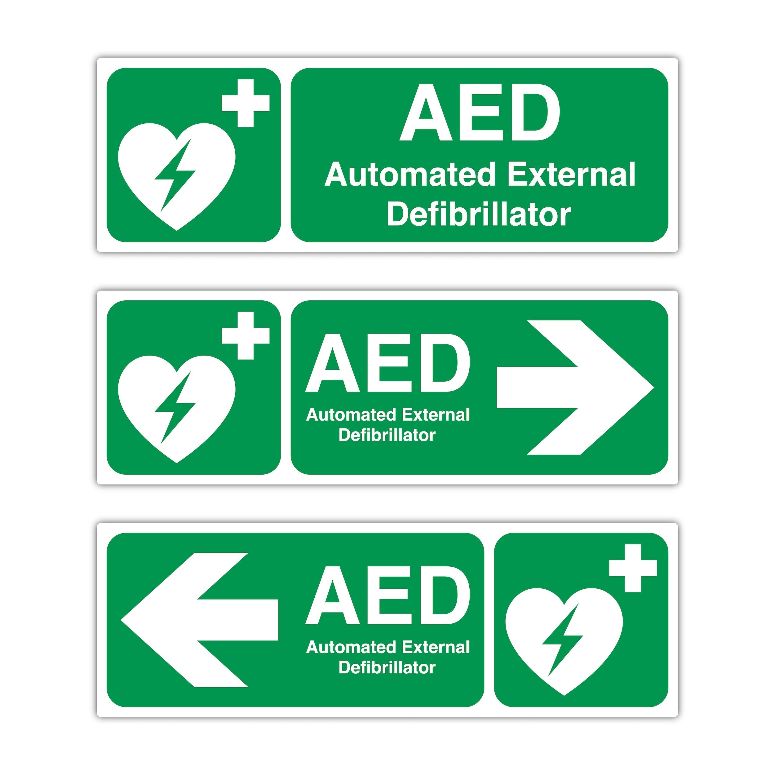 3 Pack AED Emergency Location Signs 300x100mm – Automated External Defibrillator with Left & Right Directional Arrows – Self Adhesive Polypropylene