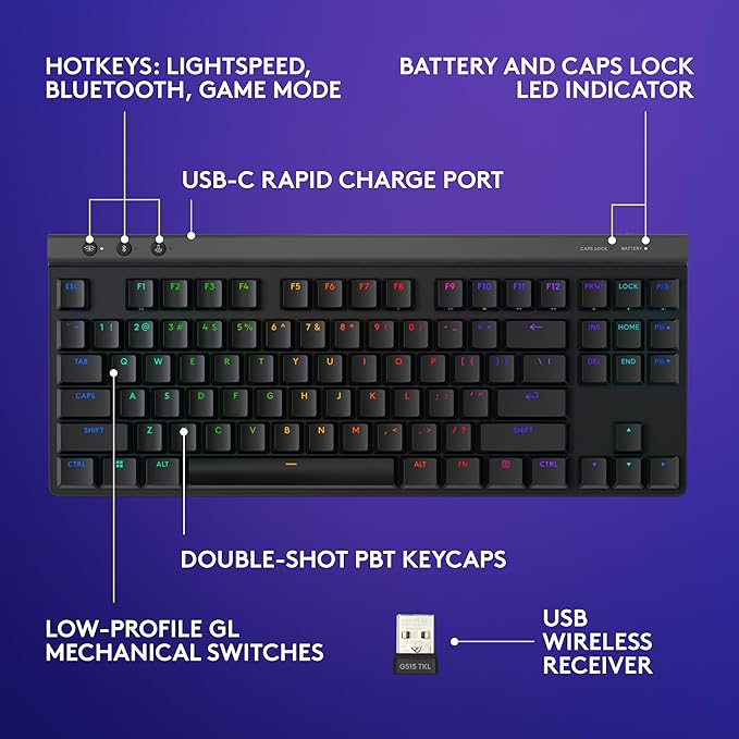 Teclado Gamer Logitech G515 TKL Inalámbrico RGB Negro miniatura 6