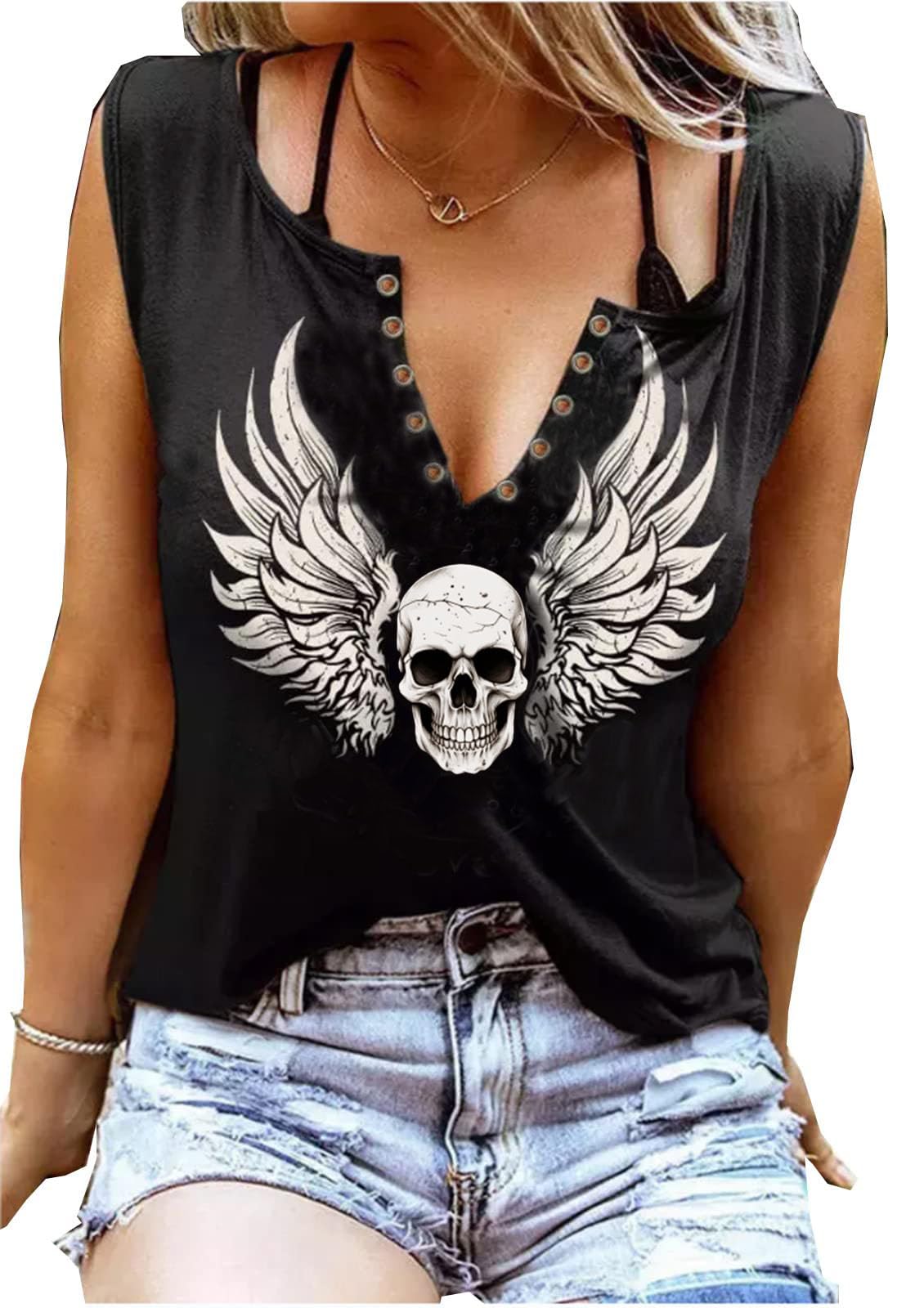 FensajomonSkull Shirts for Women Tank Tops Sleeveless Workout Summer Printed Loose Running T-Shirt