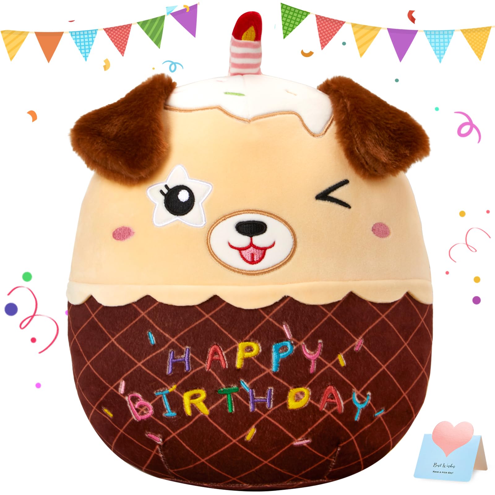 14" Birthday Cake Dog Plush Puppy Stuffed Animals Original Wink Dog Plushie Cuddle Pillows Happy Birthday Gift for Kids Boys Girls