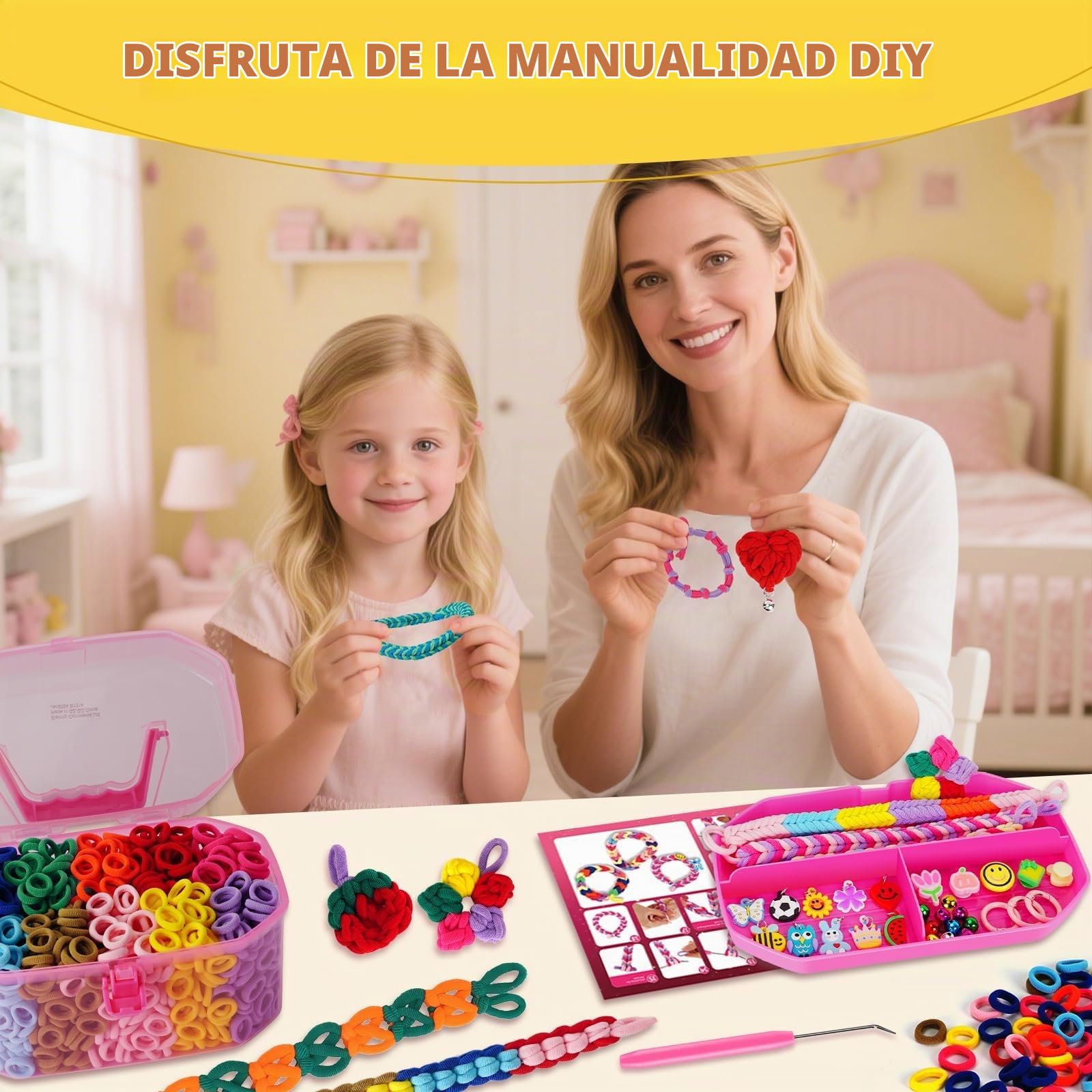 FunzBo Kit de Gomas para Hacer Pulseras 1000pcs, Set de Manualidades para Niñas, Bandas Elásticas de Colores para Crear Joyas y Brazaletes, Juego DIY Creativo, Regalo Original Cumpleaños Niños +6 Años
