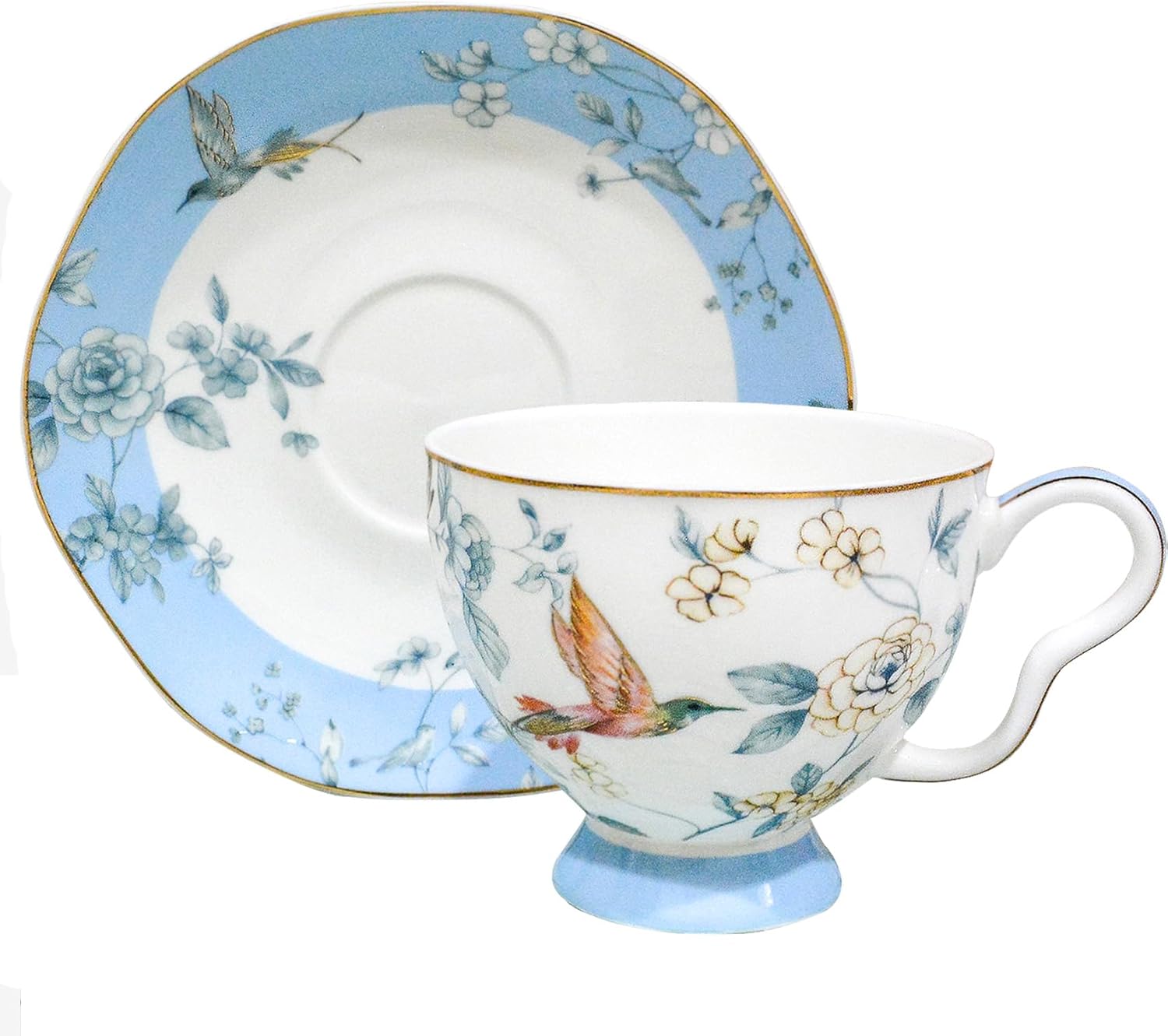 Bone China Tea Cup and Saucer Set, Bone China Coffee Cups and Saucers, Vintage Blue and White TeaCups snd Saucers Gift for Mom Friend Tea Party (light blue)