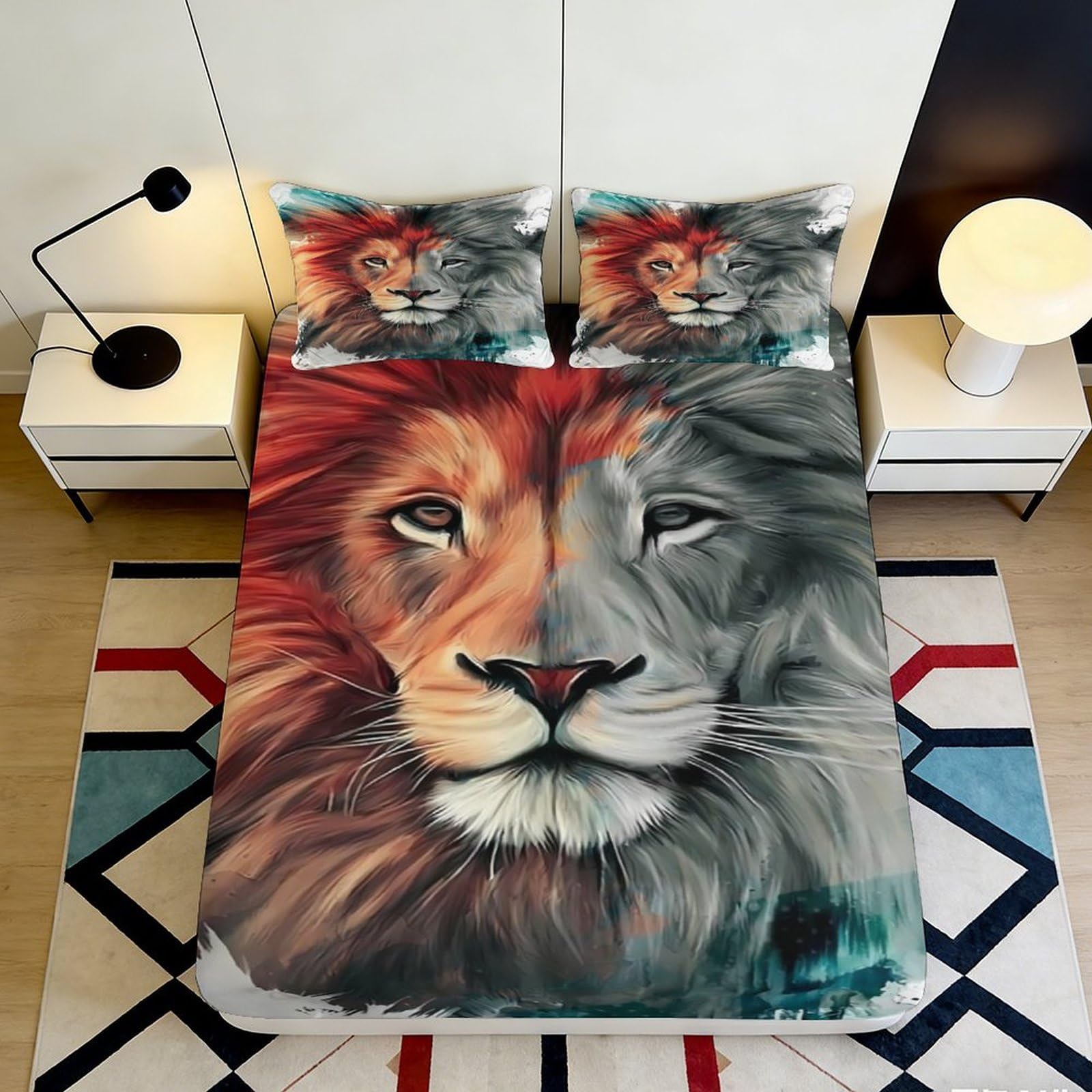 3D Printed Lion King Fitted Sheet Microfiber Soft Breathable Abstract Mane Bed Cover for Bedroom Dorm Mattress Decor 90x200x25cm