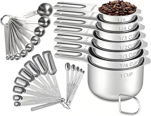 Miniatura 10 de Juego de 21 tazas y cucharas medidoras, incluye 7 tazas medidoras anidables, 9 cucharas medidoras y 5 mini cucharas, juego de medición de metal de