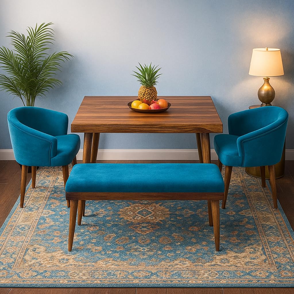 DaneWood Wooden Dining Table 4 Seater | Four Seater Dinning Table with 2 Upholstered Dining Chairs & 1 Upholstered Bench | Dining Room Sets for Restaurants | Sheesham Wood | Honey Finish & Blue-image-16
