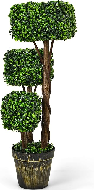 COSTWAY Artificial Topiary Tree, Triple Square Shaped Fake Plant with Built-in Cement Pot, Wooden Rattan, Faux Greenery Plants Decoration for Indoor Outdoor (89cm)