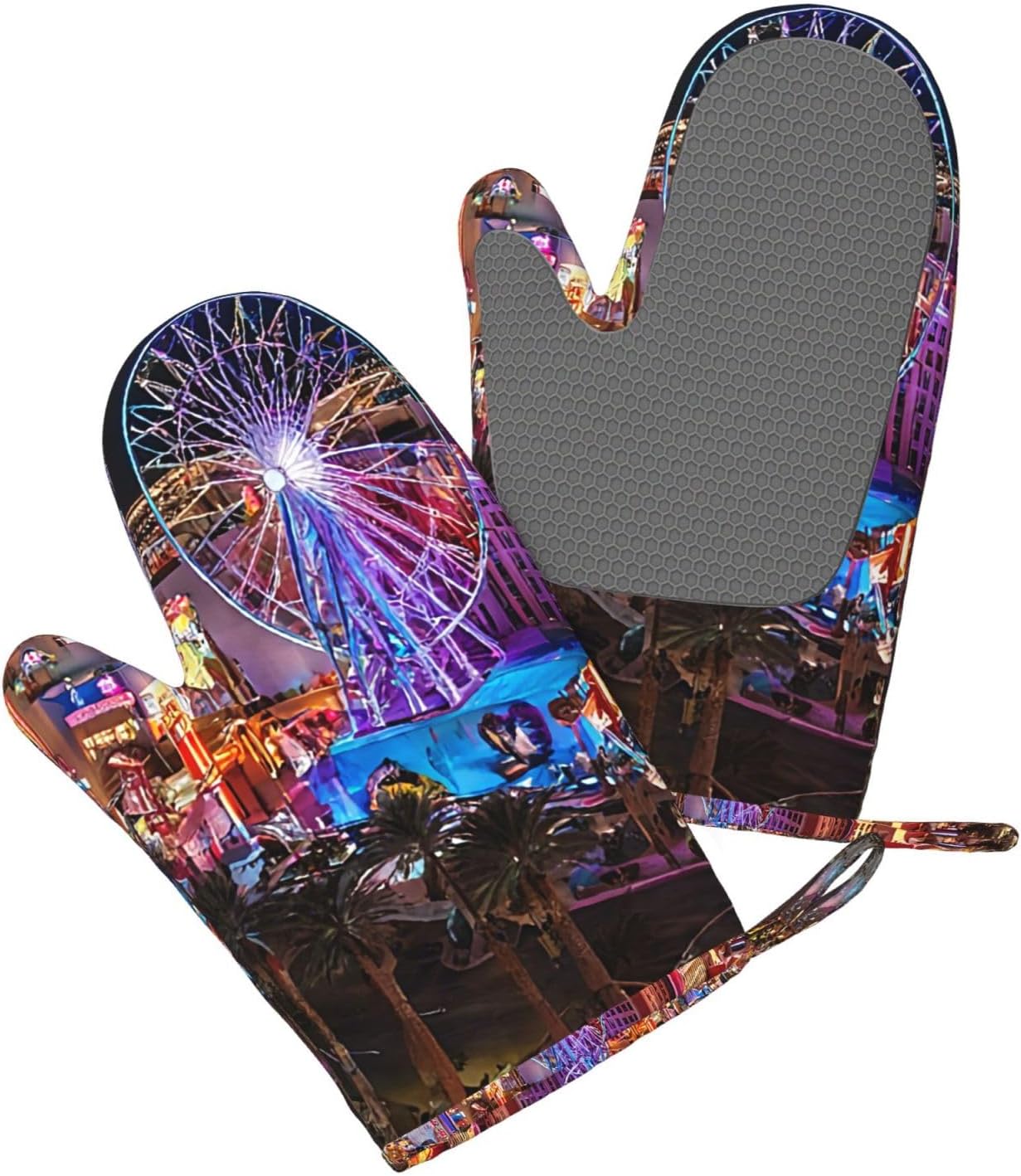 Las Vegas Night View Oven Mitts and Pot Holders Set of 4 Heat Resistant Kitchen Gloves with Silicone Palm Hot Pads for Baking Cooking Grilling BBQ