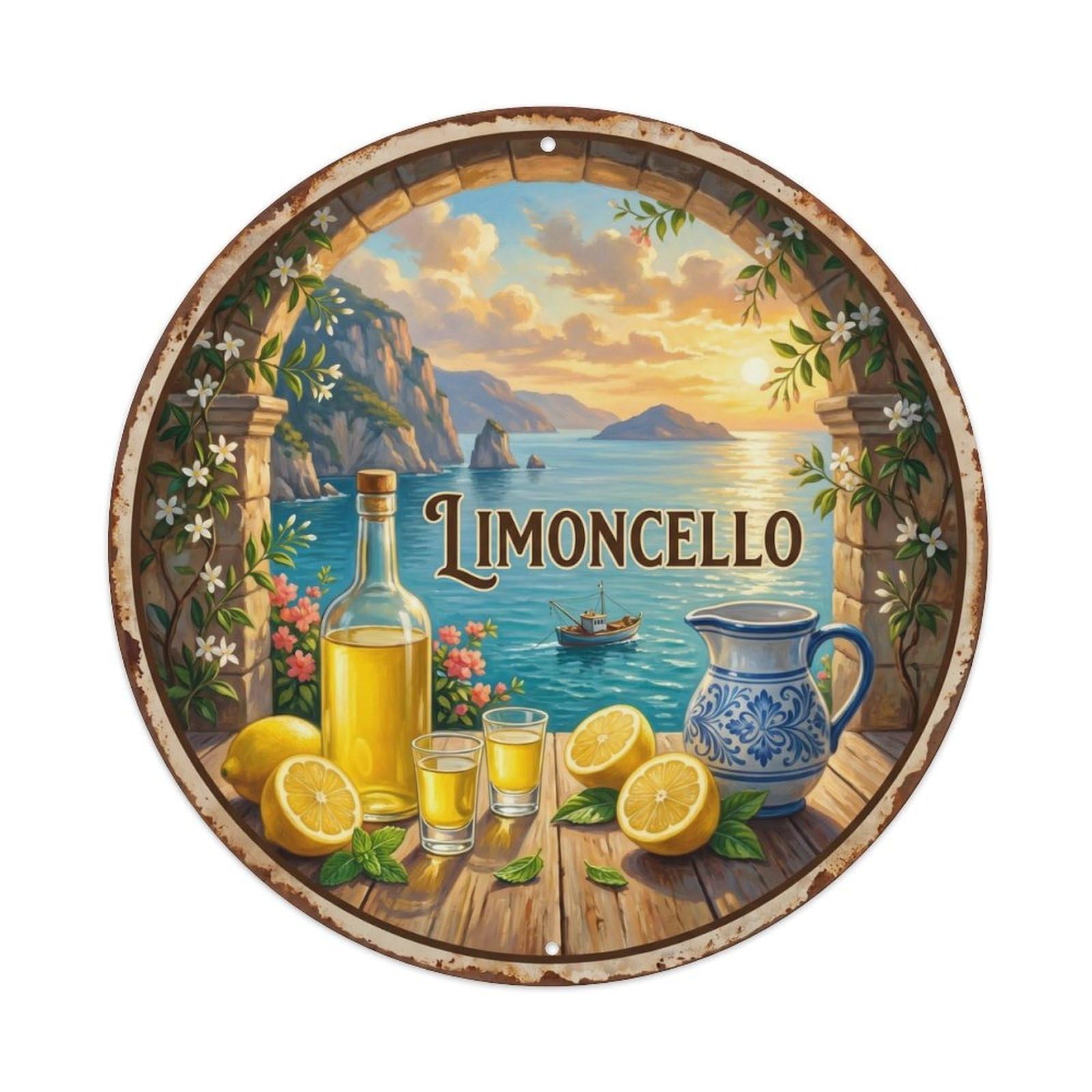 Coastal Limoncello View Vintage Metal Tin Sign Plaque Wall Decor for Cafe, Club, Garden Round Metal Poster 8x8Inch
