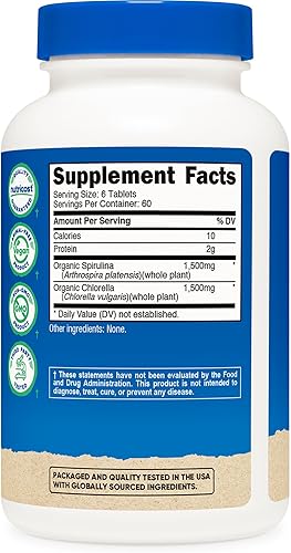 Miniatura 5 de Nutricost Espirulina orgánica + clorella (3,000 mg) 360 tabletas - USDA Organic, 1,500 mg de espirulina, 1,500 mg de clorella, vegano, sin OMG, sin