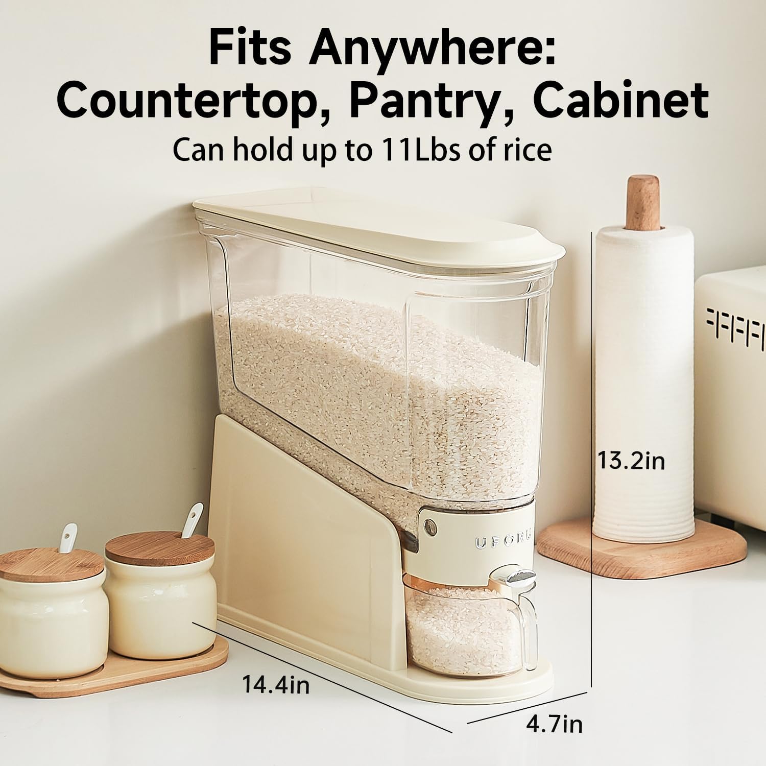 Rice Dispenser 11Lbs, Slim Rice Storage Container for Small Space and 4Pcs Airtight Cereal Storage Organizer Canisters with Pop Lids