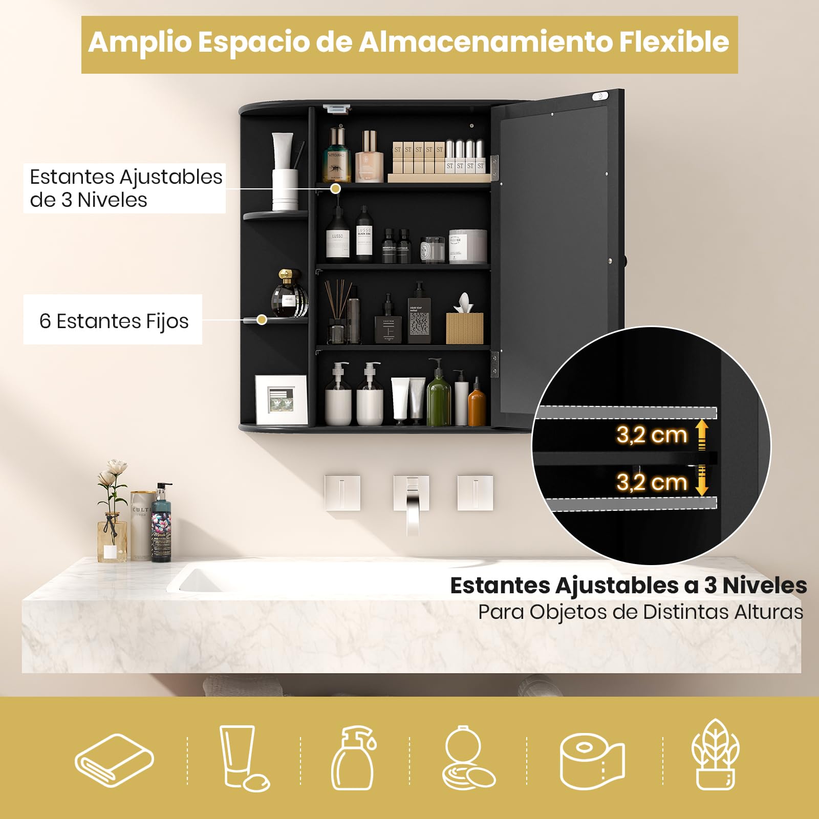GIANTEX Armario de Baño de Pared, Armario Colgante de Madera con Puertas de Espejo, 6 Compartimentos Laterales y 4 Estantes de Almacenamiento, 65 x 17 x 63 cm (Negro)