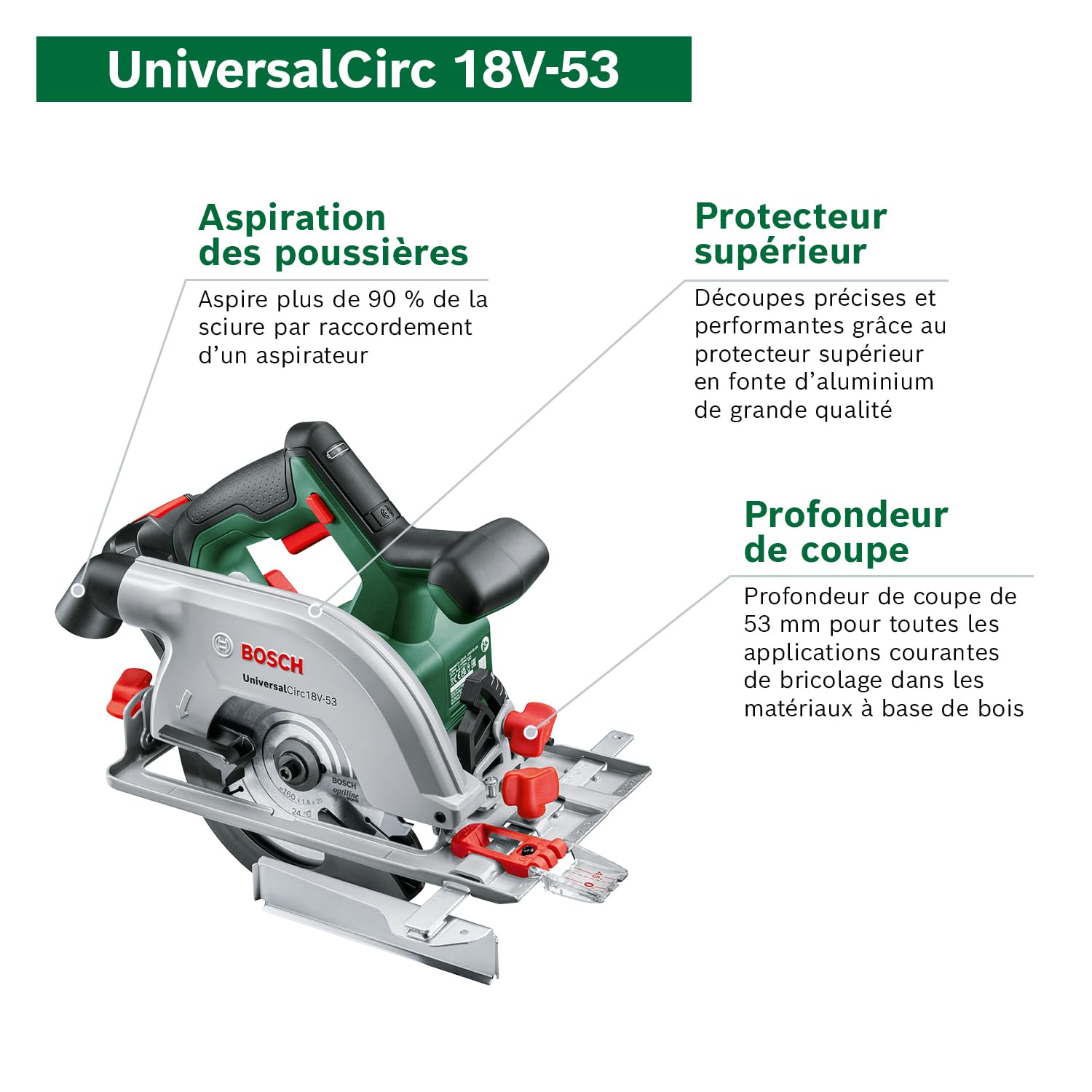 Bosch Home and Garden Scie circulaire sans fil - UniversalCirc 18V-53 (coupes dans tous les bois et dérivés ; profondeur de coupe maxi 53 mm ; set de 2 rails de guidage ; système 18V) – Amazon Edition