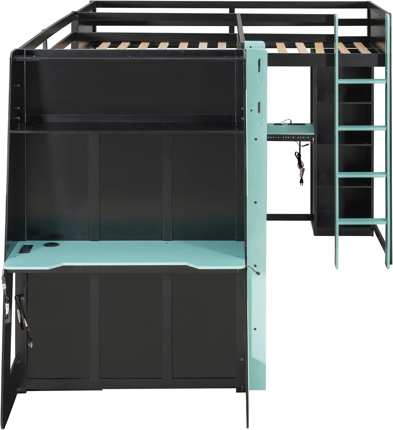 L-Shaped Loft Bed Twin Size with Desks and Storage Shelves, Wooden Gaming Loft Bed Frame with LED Lights, USB Ports and TV Stand for 2 Kids Teens Adults, Reversible Layout (Black+Blue-L)