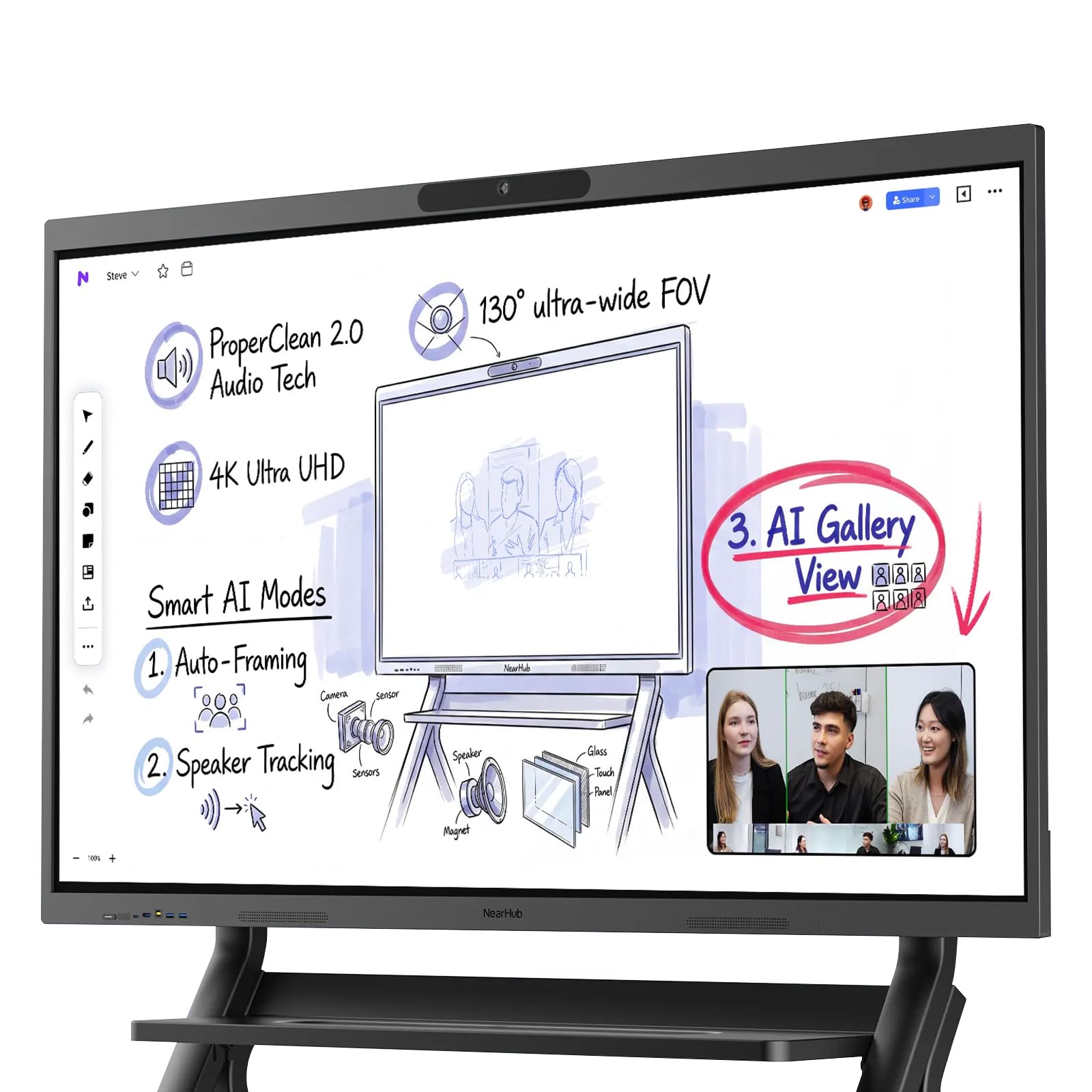 NearHub Max Interaktives Whiteboard 55" Win11 Pro 4K-Kamera & 8-Mic | 16GB+256GB, 40 Touchpunkte, Native Zoom Rooms & Microsoft Teams, 40-Punkt-Multi-Touch, Bildschirmfreigabe