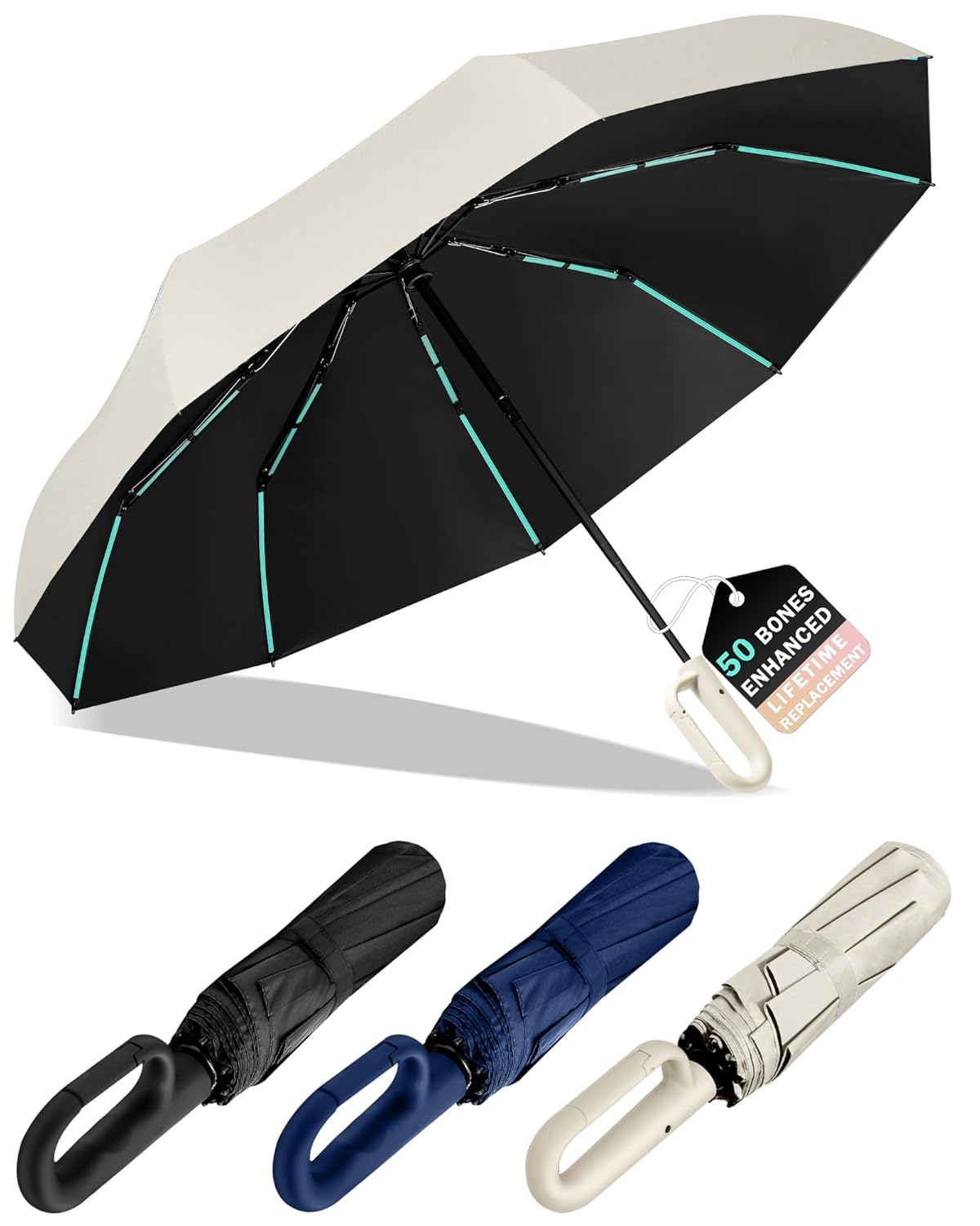 10-Shaft 50-Rib Reinforced Heavy-Duty Umbrella Automatic Open Close with Carabiner Handle All-Weather Wind Resistant Umbrella for Rain and