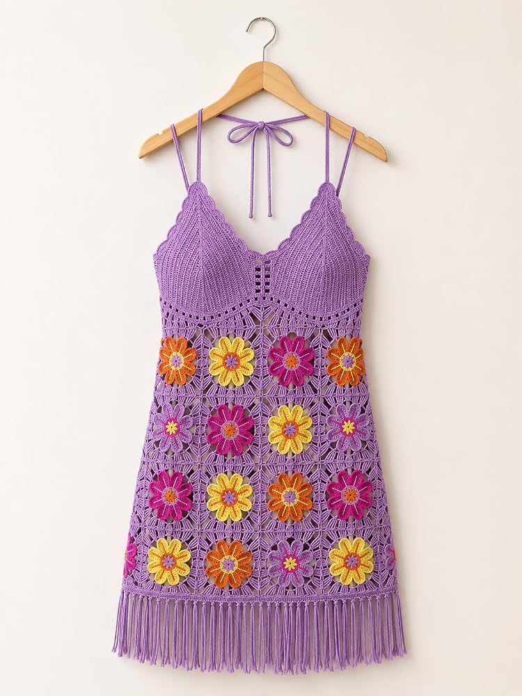Tassel Halter Floral Crochet Cover Up Dress