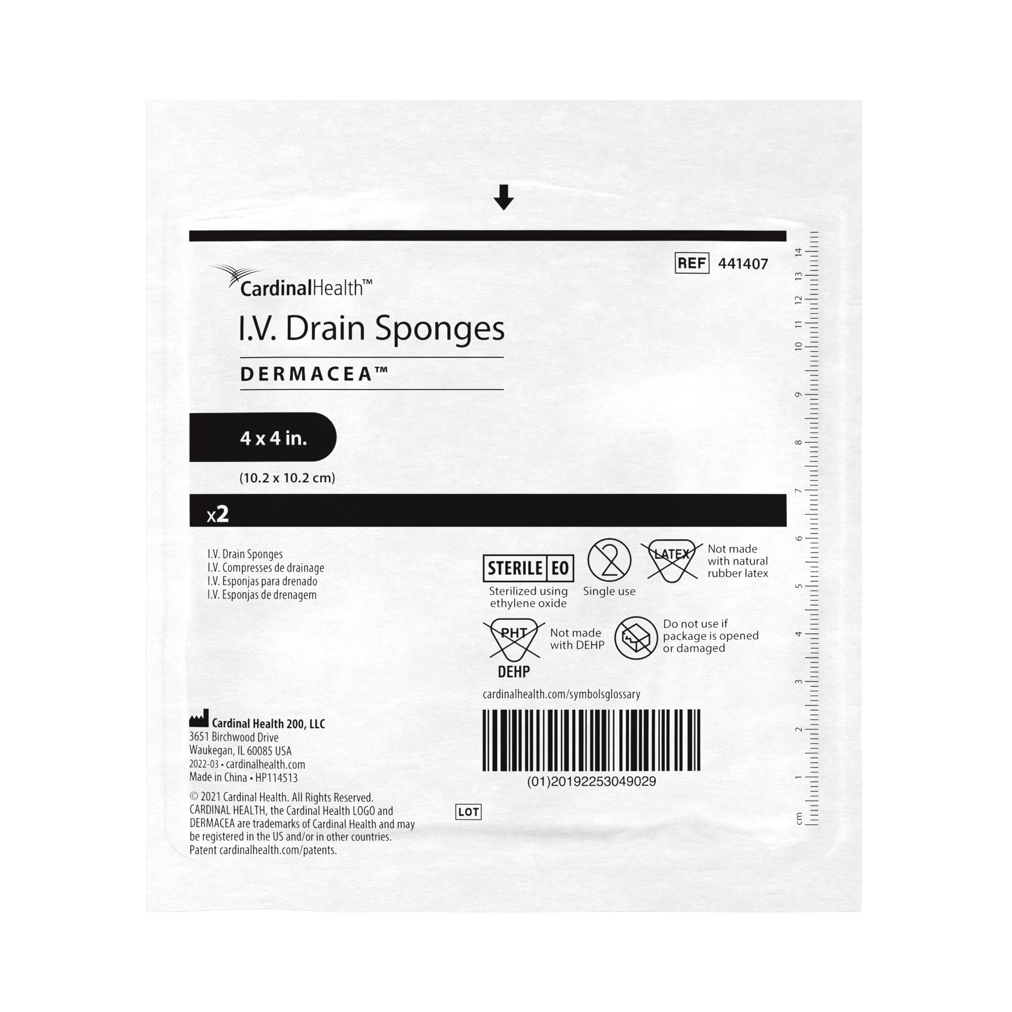 Cardinal Health™ 441407 - Spugna di garza di scarico standard Dermacea™, sterile, 10,2 x 10,2 cm, 6 strati, confezione da 600
