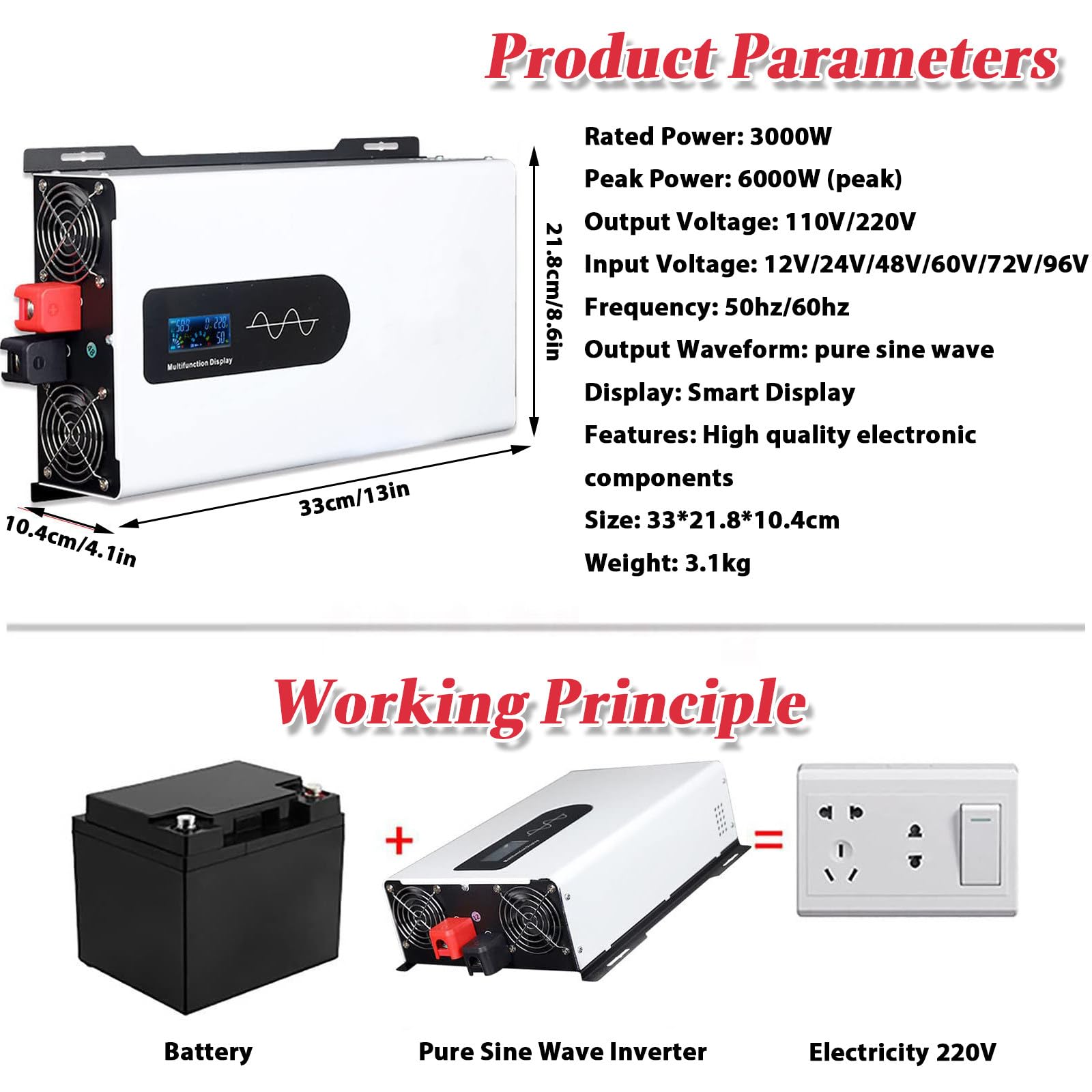 3000W Inwerter Słoneczny Inwerter Mocy 12V/24V/48V/60V/72V/96V z 3000W Mocą Znamionową Wieloma Ochronami dla Dom Przyczepa Sys-tem Solarny Off Grid 48V