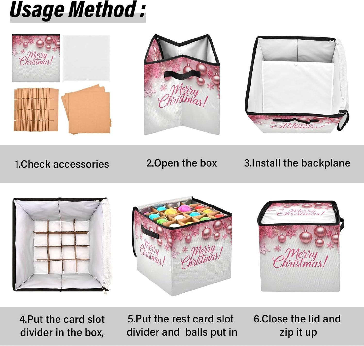 Merry Christmas Pink Christmas Ornament Storage Box with Dividers, Holds up to 64-3" Holiday Ornaments, Collapsible Xmas Decoration Container with Lid & Handles, 13x13 Inch