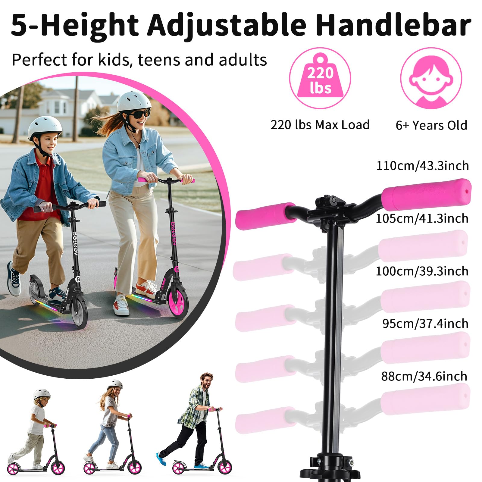Trottinette Enfant Beleev V10 - Grandes Roues 230mm, Guidon Réglable, Lumières LED, Pour 6-14 Ans Et Adultes Jusqu'à 100kg