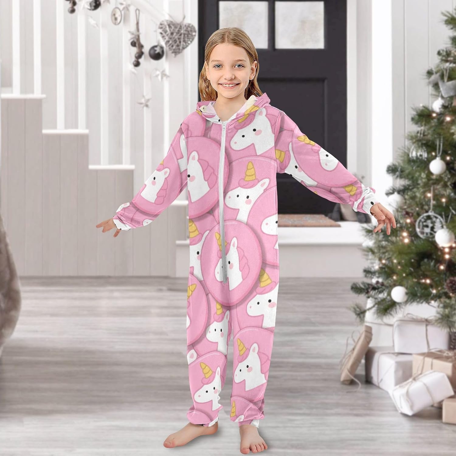 Unisex Onesie Pajamas Zip Up Hooded Sleepwear Holiday Loungewear for Parties Sleepovers 4-14Y