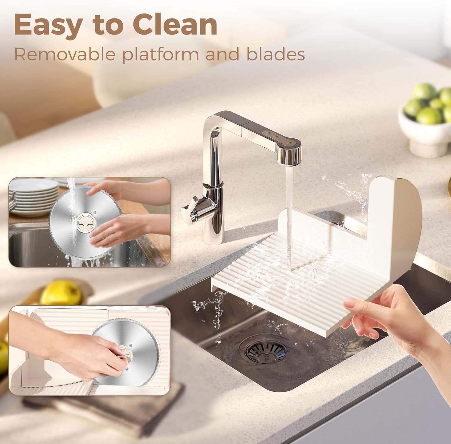 Visual guide showing how to remove the blade for cleaning and how to detach the platform for washing under running water.