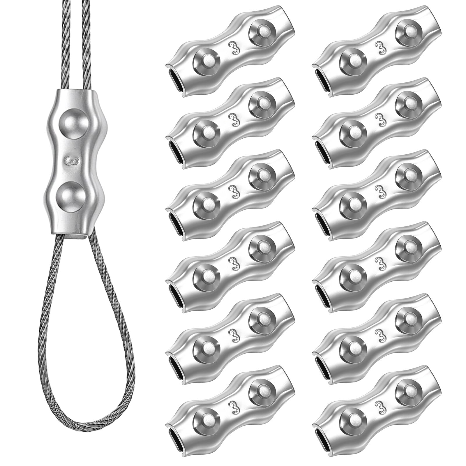 Giantree 12 Pcs M3 Stainless Steel Duplex Wire Rope Clips, 1/8 Inch Wire Fixing Rope Clamp, Doubles Row Double Bolt Cable Clamp, Double Column Wires