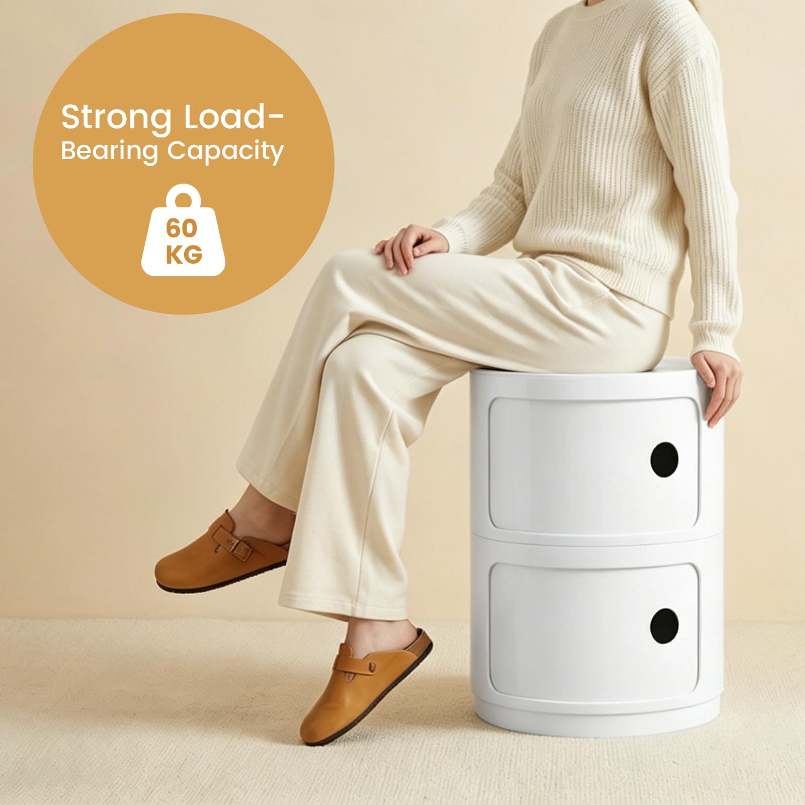 Comodino Rotondo Componibile, Organizer per Cassetti da Cucina, Camera da Letto, Soggiorno, Bagno – Bianco, Unità a 2 Scomparti × 1