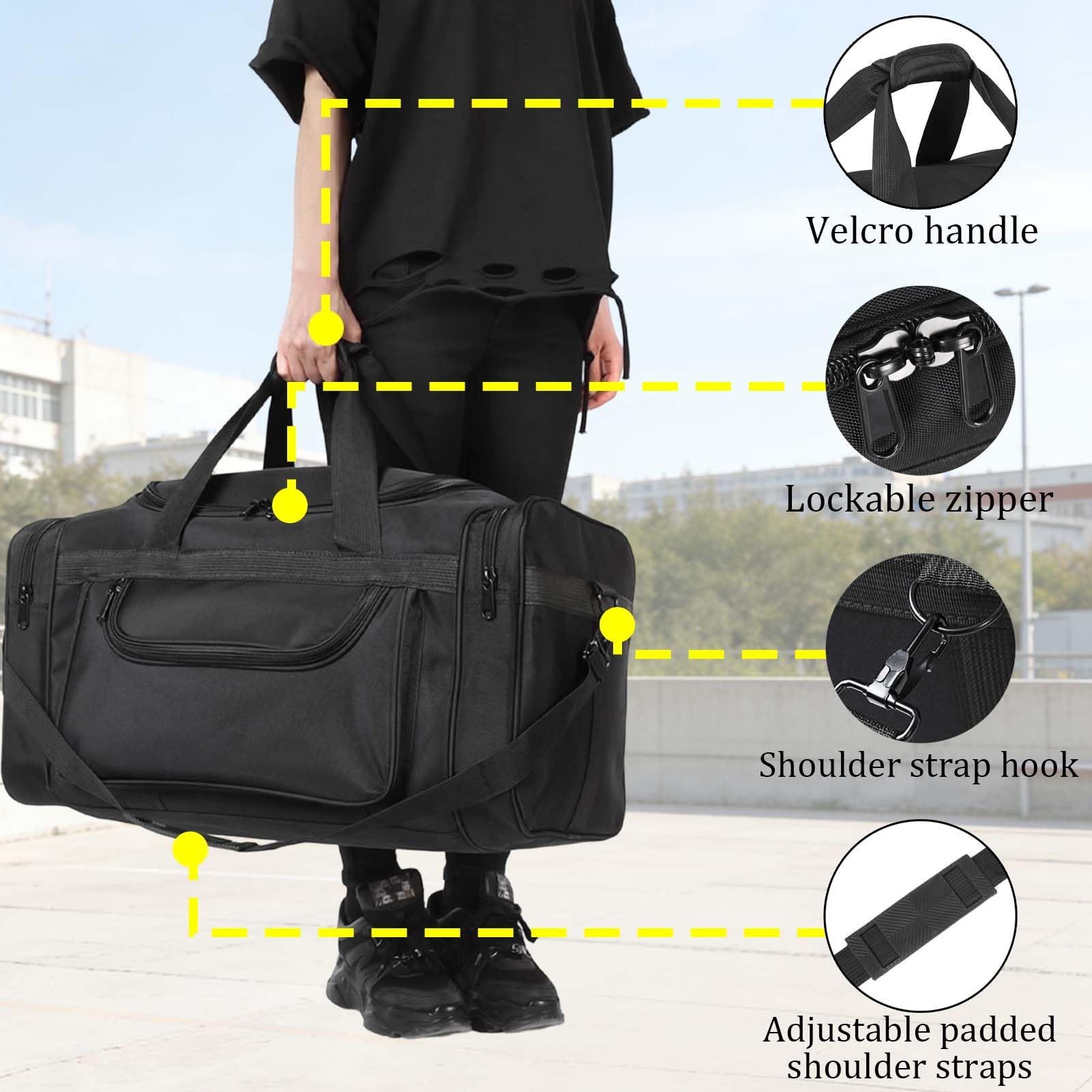 Bolsa De Viaje Hombre Mujere 62/92/115L Bolsa de Deporte Gimnasio Grande Bolso De Lona Hidrófugo Plegable Travel Duffel Bag Gym Bag Sport Duffle con Compartimento (Negro, 115L)