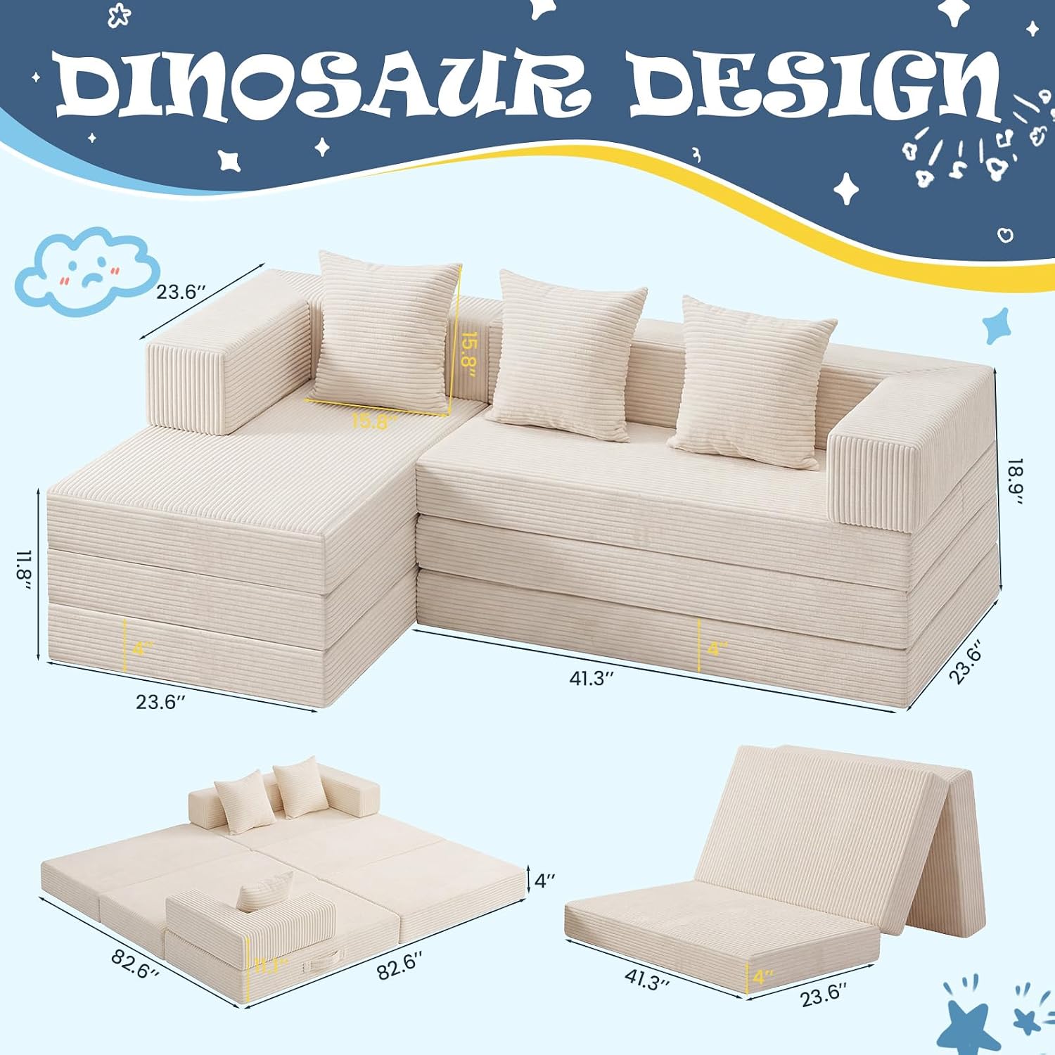 Modular Kids Play Couch, Convertible Toddler Sectional Sofa, Soft Cloud Corduroy Kids Sofa Bed with 3 Pillows, Safe No Edge Foam Play Furniture for Boys Girls Playroom Bedroom