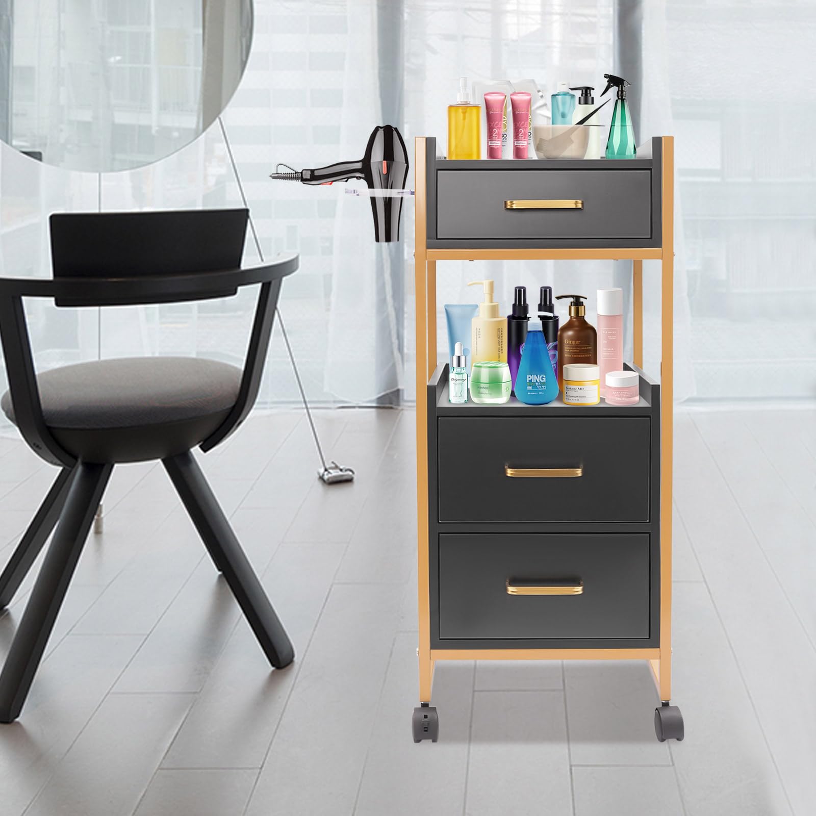 Carrito de salón con ruedas, soporte para secador de pelo, 3 cajones y 2 estantes abiertos, carrito de peluquería portátil para cosméticos, spa o tatuaje, 36 x 32 x 87 cm (negro) — view 4