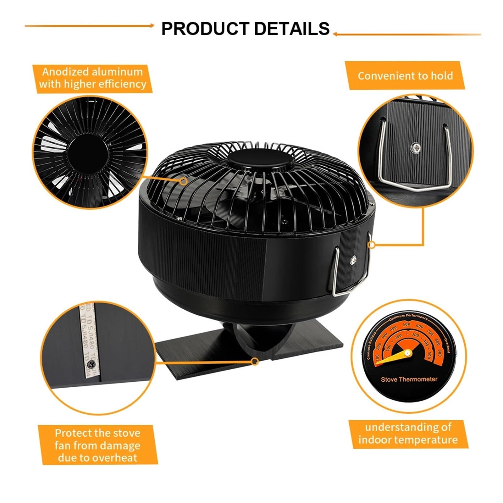 Ventilador De Estufa 5 Aspas, For Hogar Alimentado Por Calor Con Cubierta, Termodinámico For Quemadores Madera Interiores Otoño E Invierno, Chimeneas Cálidas Vientos Fuertes(With Heat shield)