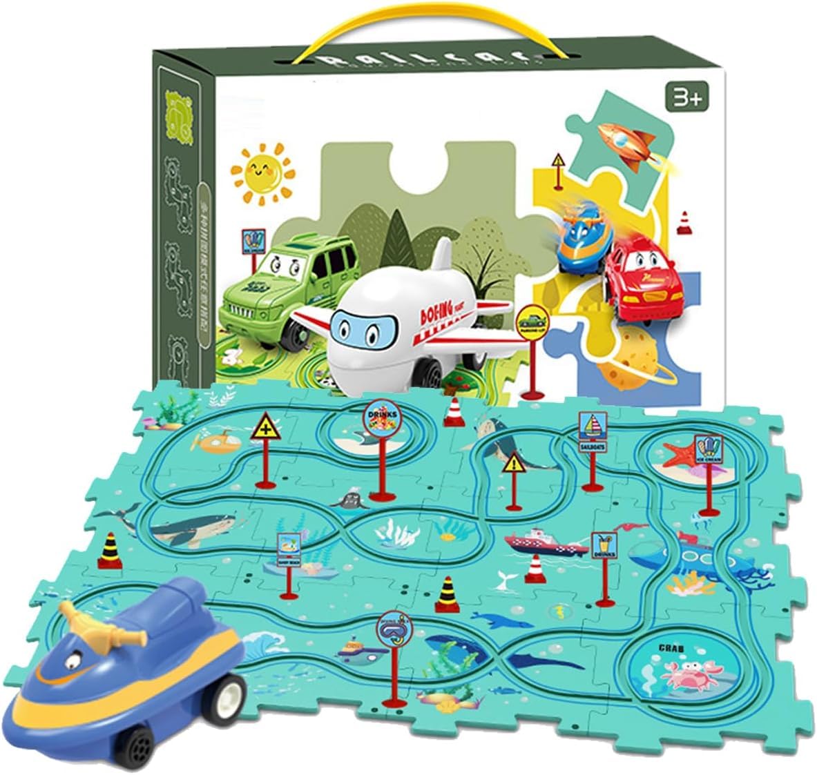 BLiSS HUES 15 PCS Car Puzzle Track Set for Kids with A Cute Vehicle Toddler Puzzle Track Play Set- Critical Thinking Educational Toys for 3-5 Year Old Boys Girls (Ocean 15Pcs)