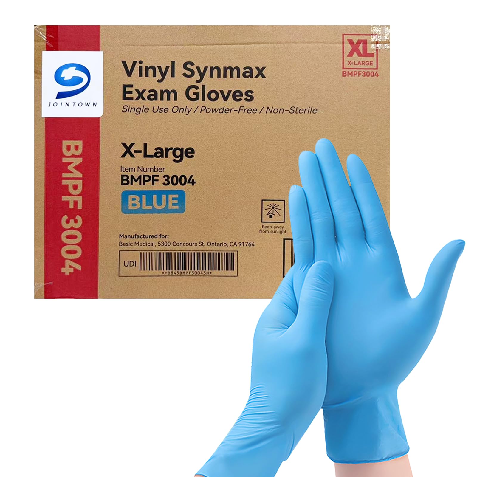 Basic Synmax Vinyl Exam Gloves Disposable Exam Gloves, 4 Mil, Latex & Powder Free, BMPF-3004，Blue XL Size Case of 1000