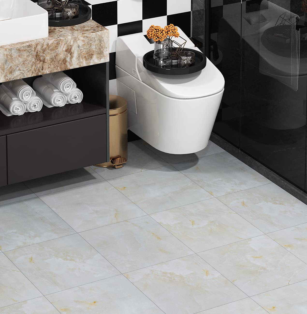 Livelynine White and Gold Vinyl Flooring Peel and Stick Floor Tile