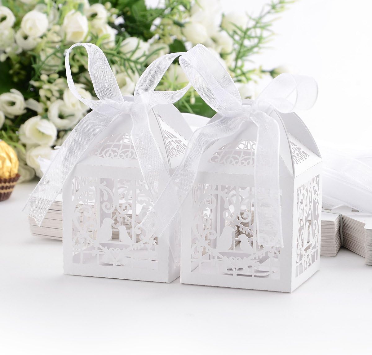 Kumkey 50x Birdcage Candy Box Gift Box Wedding Favor Box Pearl Paper Bonboniere Box with Ribbons for Wedding Birthday Baby Shower Baptism Kids Party Christmas Decor (White)