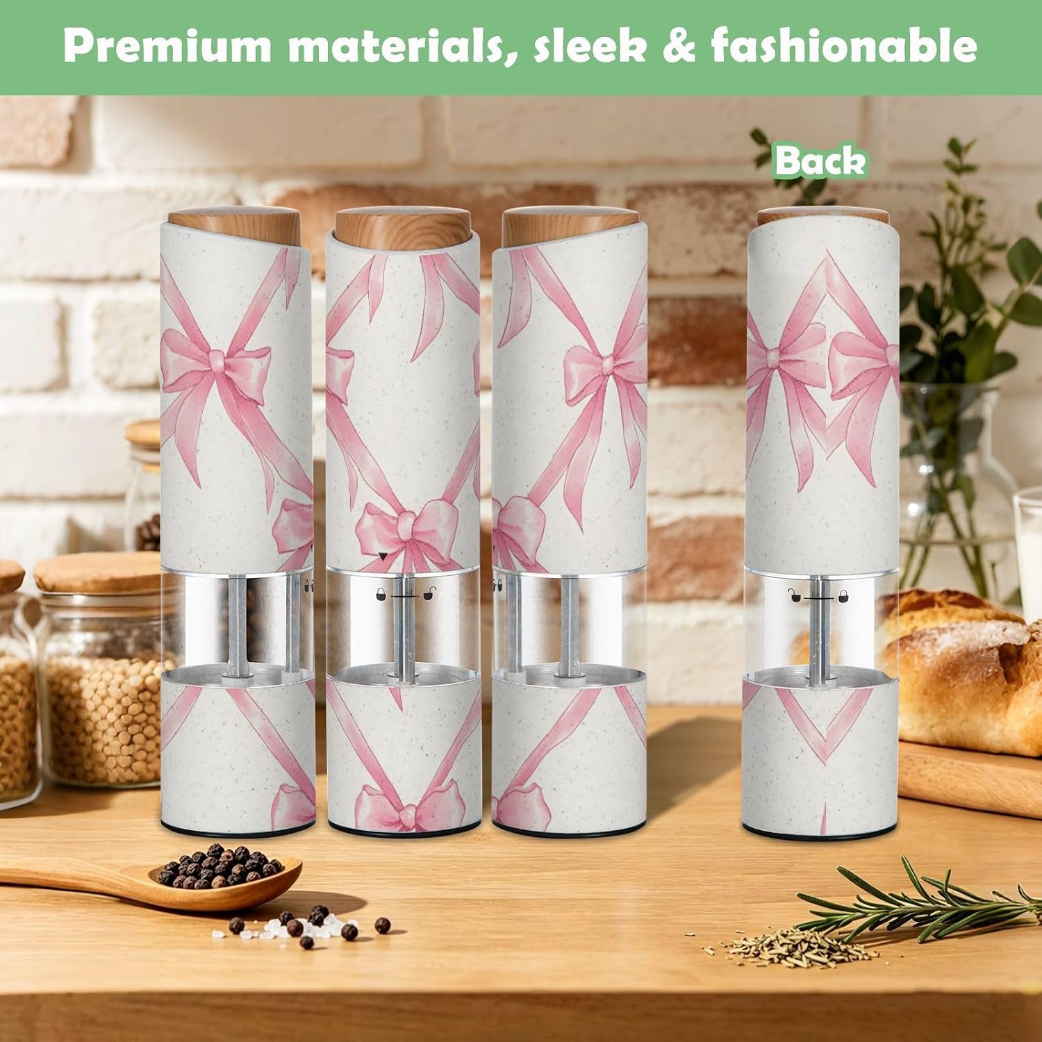 ALAZA Electric Pepper Grinder with Adjustable Coarseness, Pink Bow Plaid Pattern Battery Automatic Salt and Pepper Mill with Led, One-Handed Operation Spice Grinder for Kitchen, Camping & BBQ