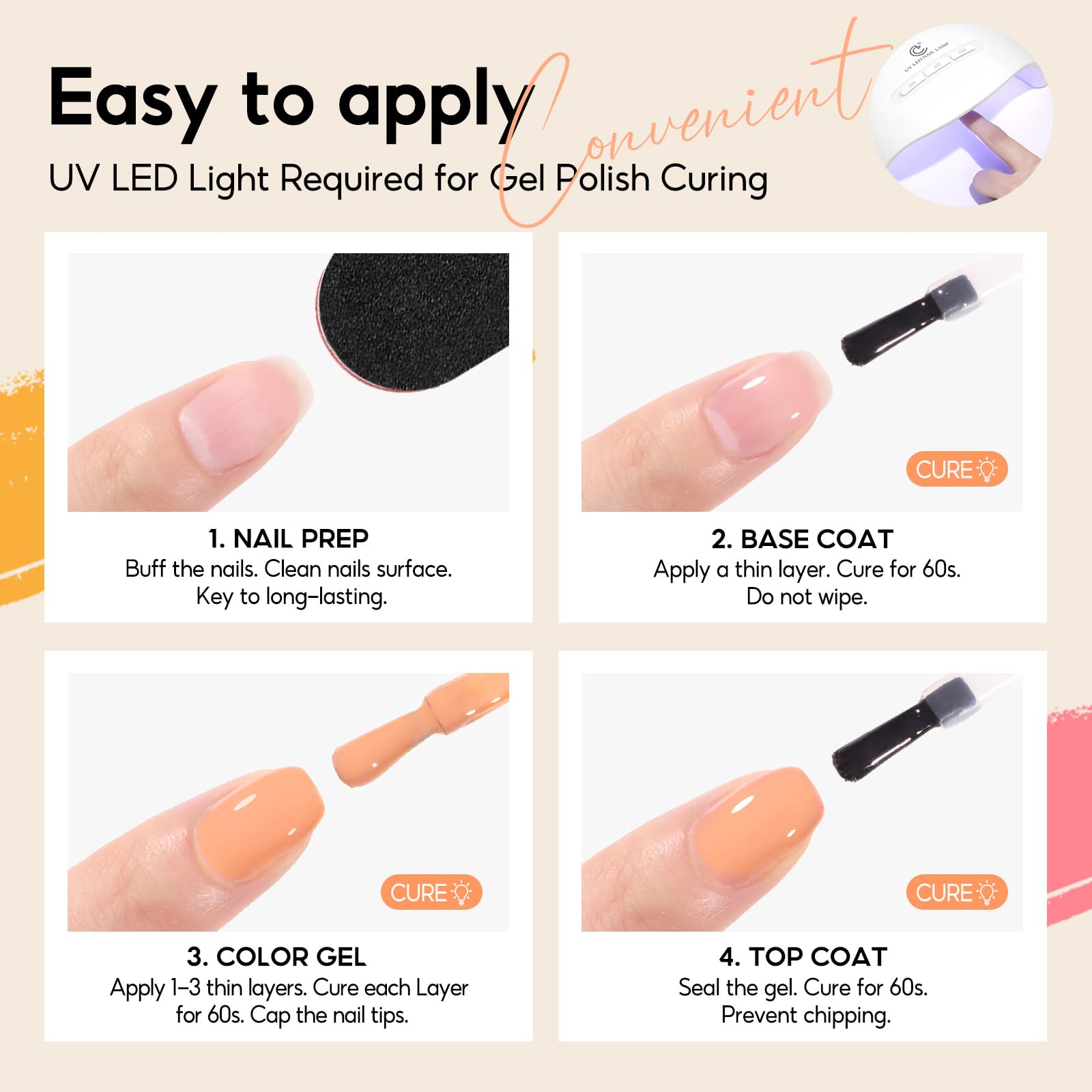 Zestaw startowy 60 żeli UV PEACECOLOR: 55 kolorów + baza i top coat. Idealny do nail artu i dla początkujących